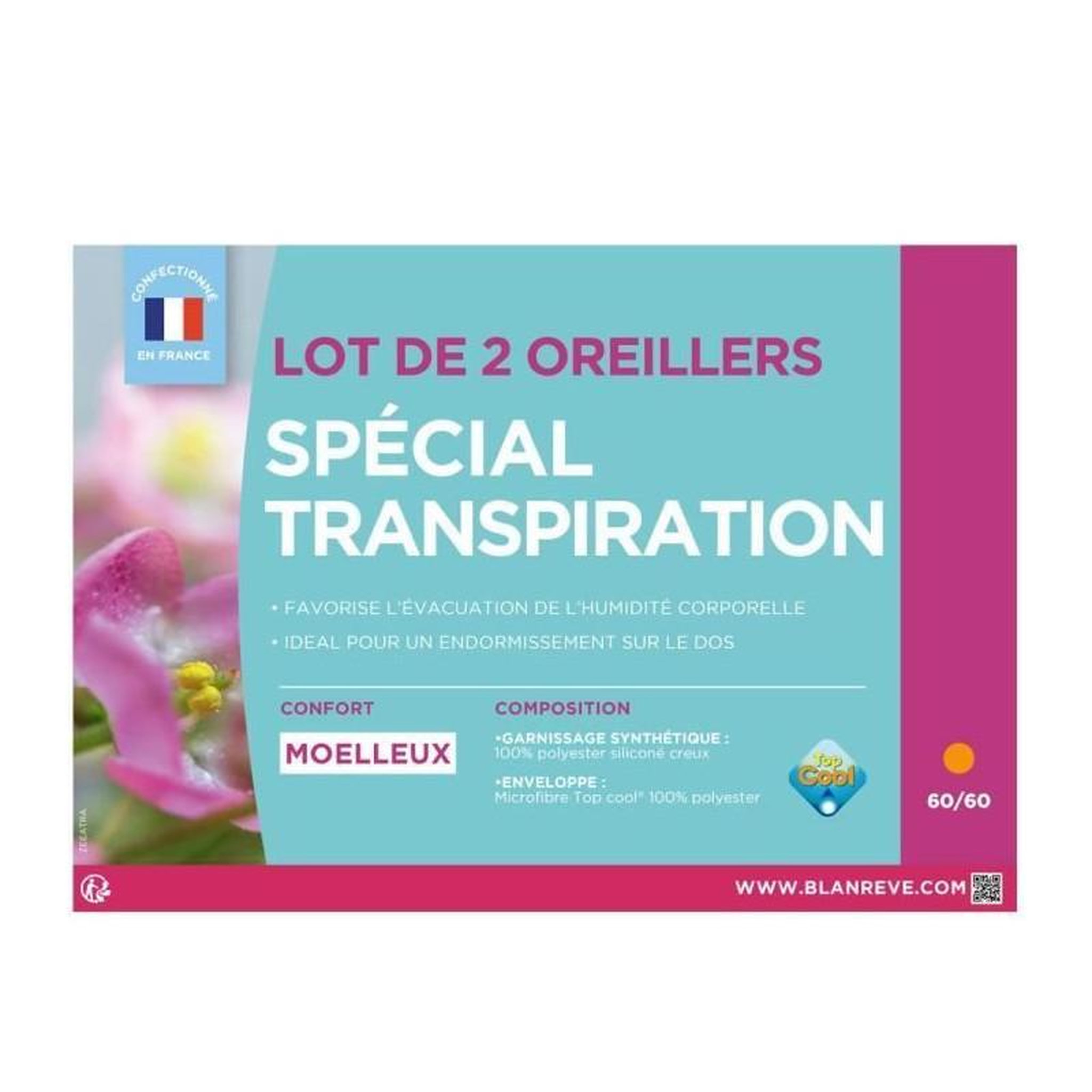 Voir la diapositive 3 : BLANREVE BLANREVE Lot de 2 Oreillers Special Transpiration - 60 x 60 cm - Blanc