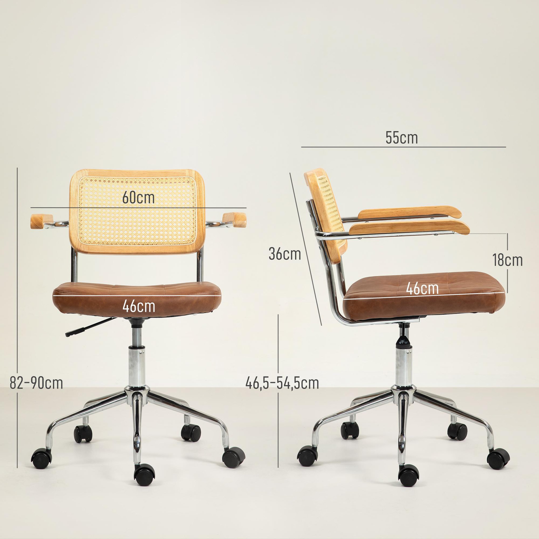 Voir la diapositive 3 : HOMCOM Chaise de bureau style vintage - réglable, pivotante - acier chromé bois aspect rotin assise effet capitonné