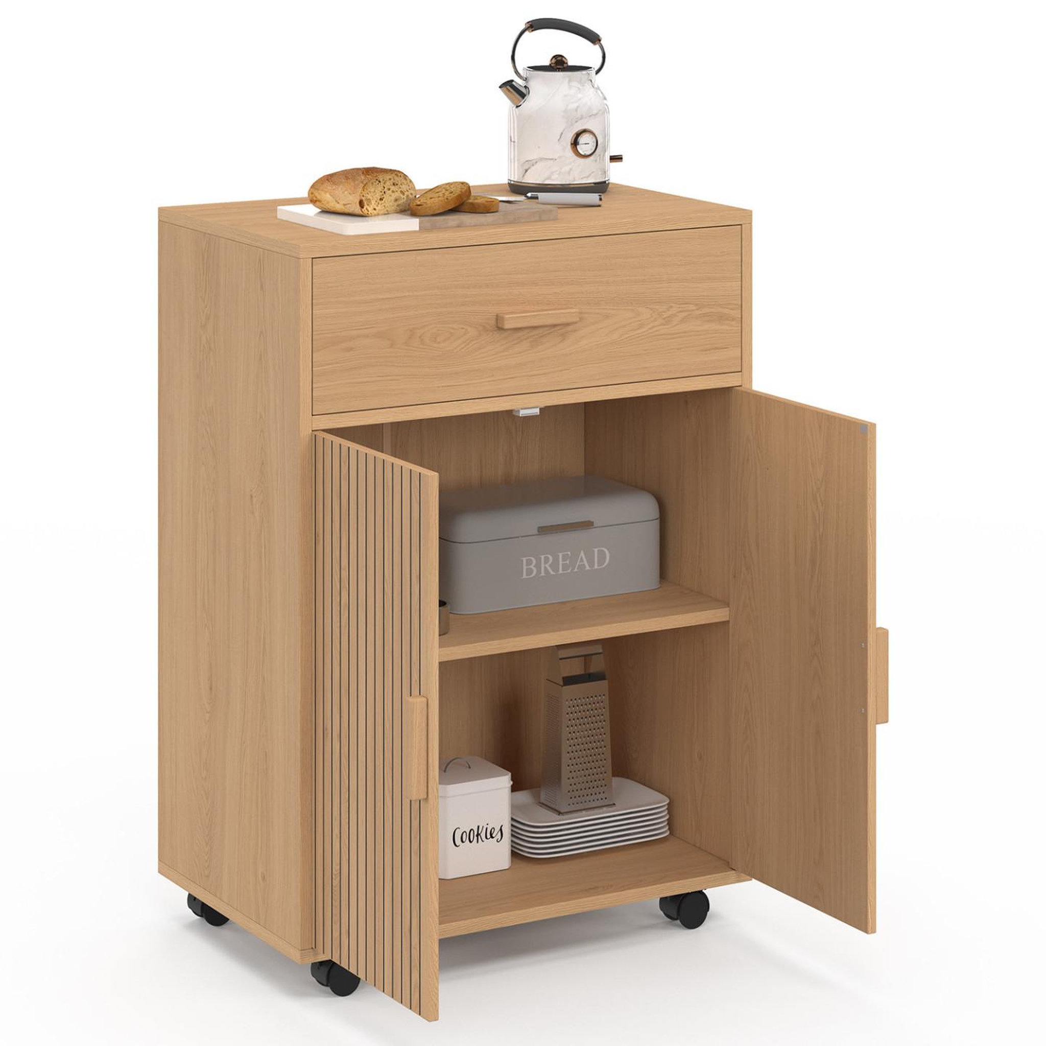 Voir la diapositive 4 : ID MARKET Desserte de cuisine juliette placard avec tiroir effet lattes tasseau bois l.60 cm