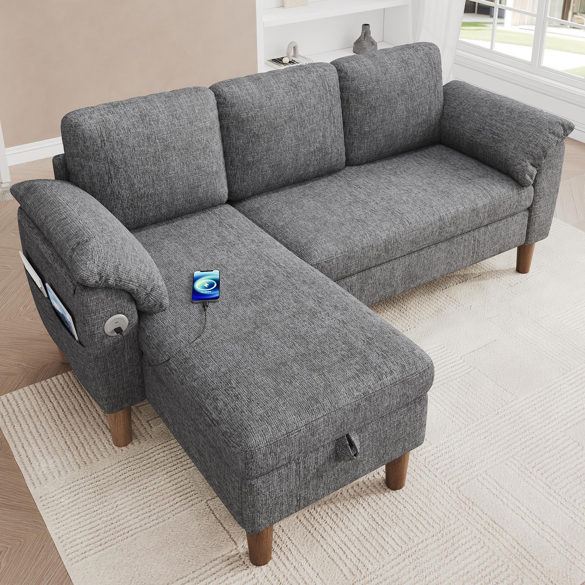 Voir la diapositive 4 : MERAX Canapé d'angle 3 places avec méridienne coffre tissu chenille usb type-c