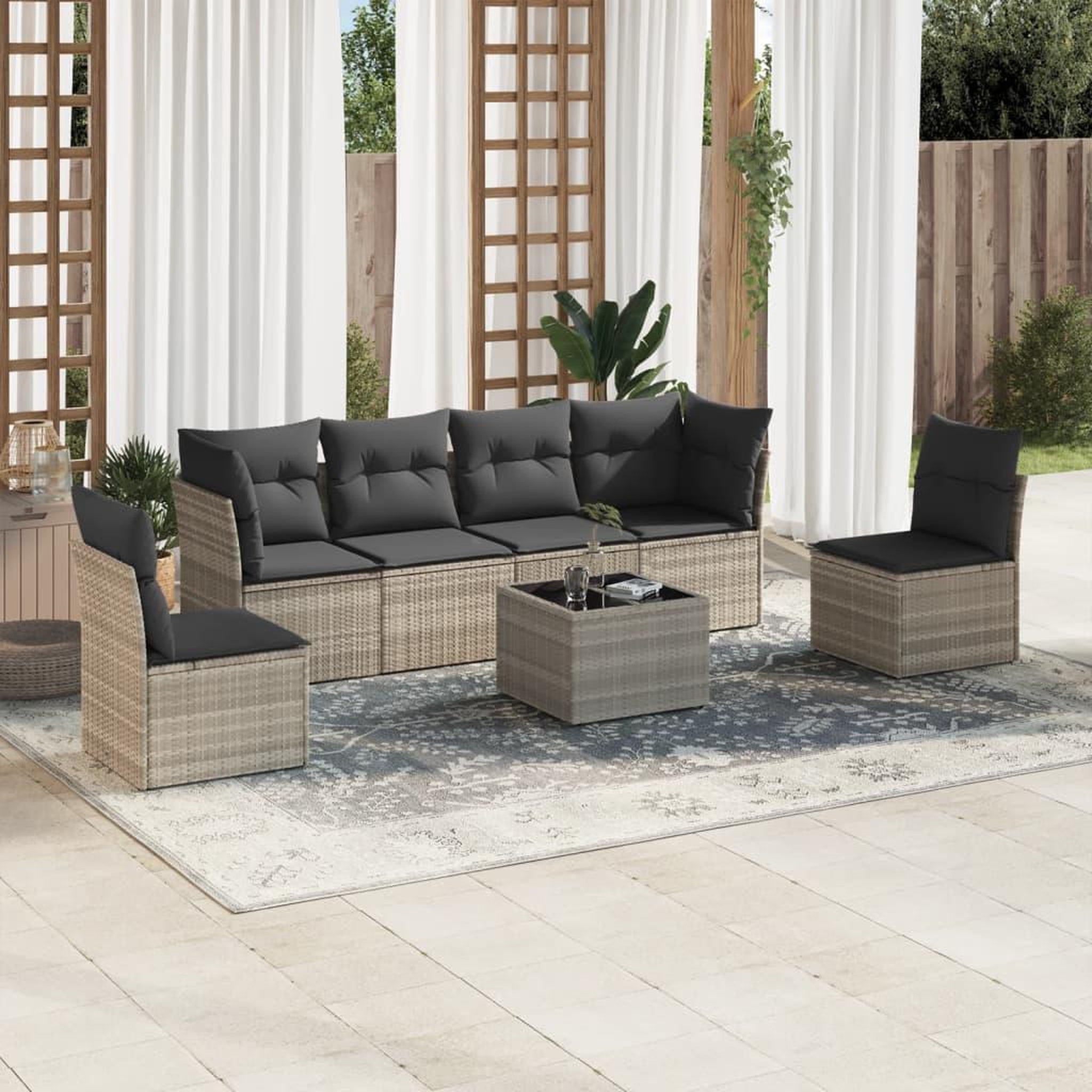 VIDAXL Salon de jardin avec coussins 7 pcs gris clair resine tressee
