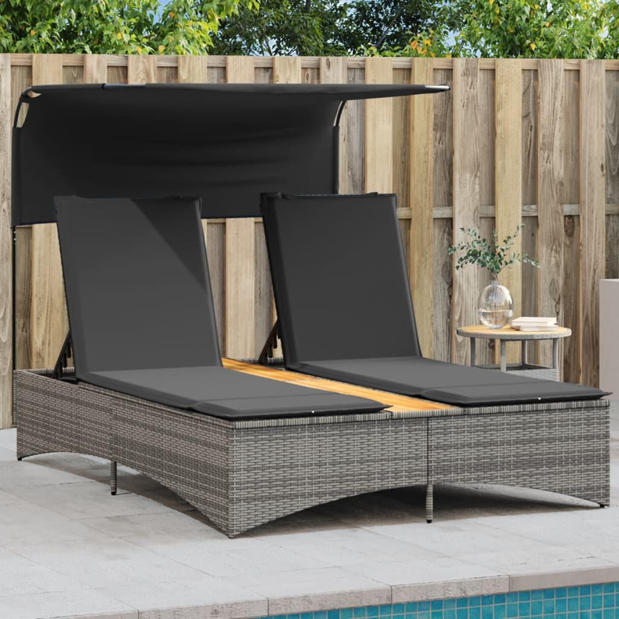 VIDAXL Chaise longue double et auvent et coussins gris resine tressee