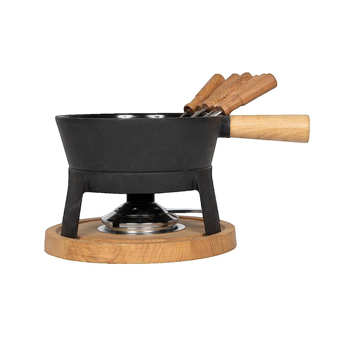 BOSKA Set à Fondue Boska avec Pot en Fonte 1,8L, 6 Fourchettes et Socle en Bois