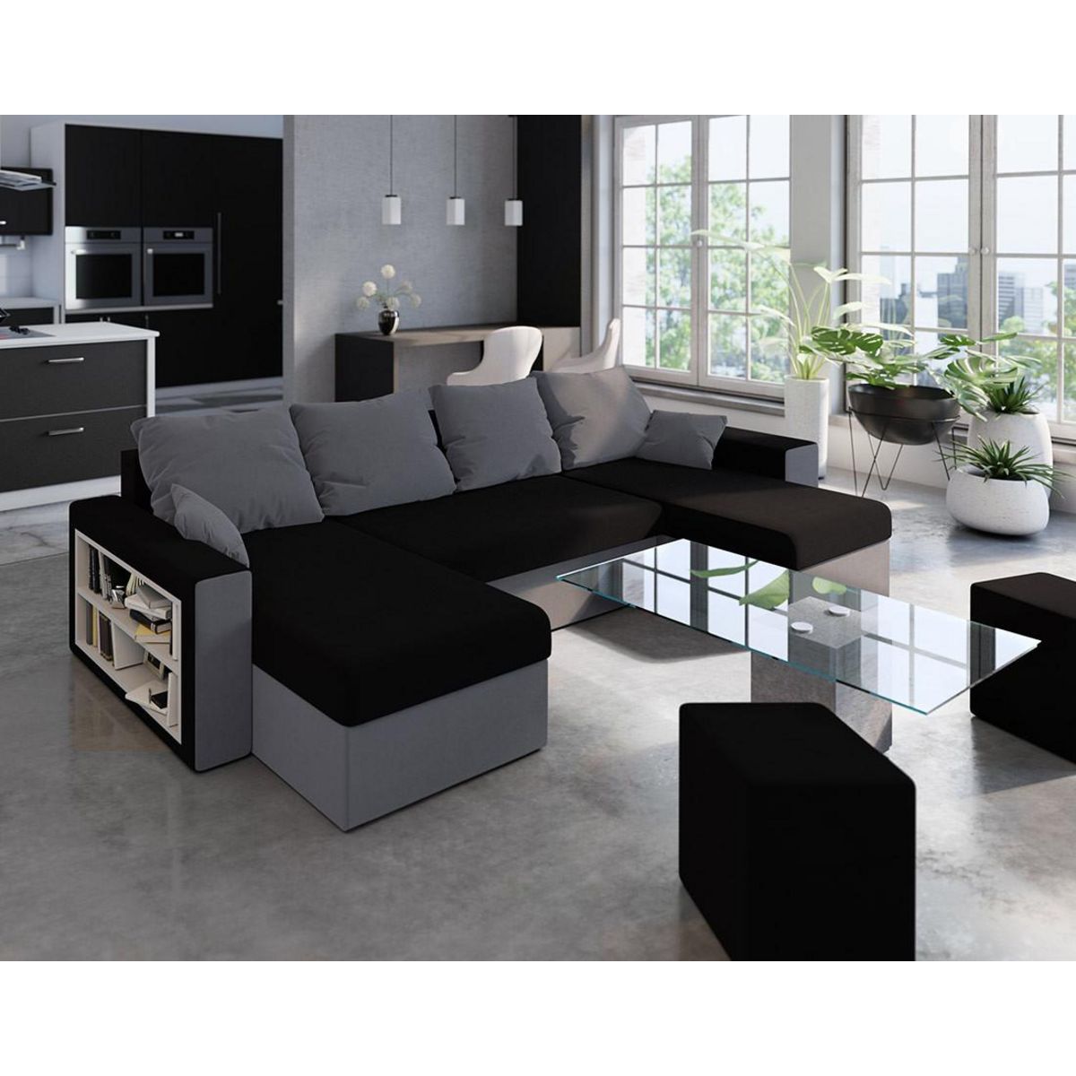 BEST MOBILIER Jonah - canapé panoramique en u 7 places convertible avec coffre et tablette en tissu