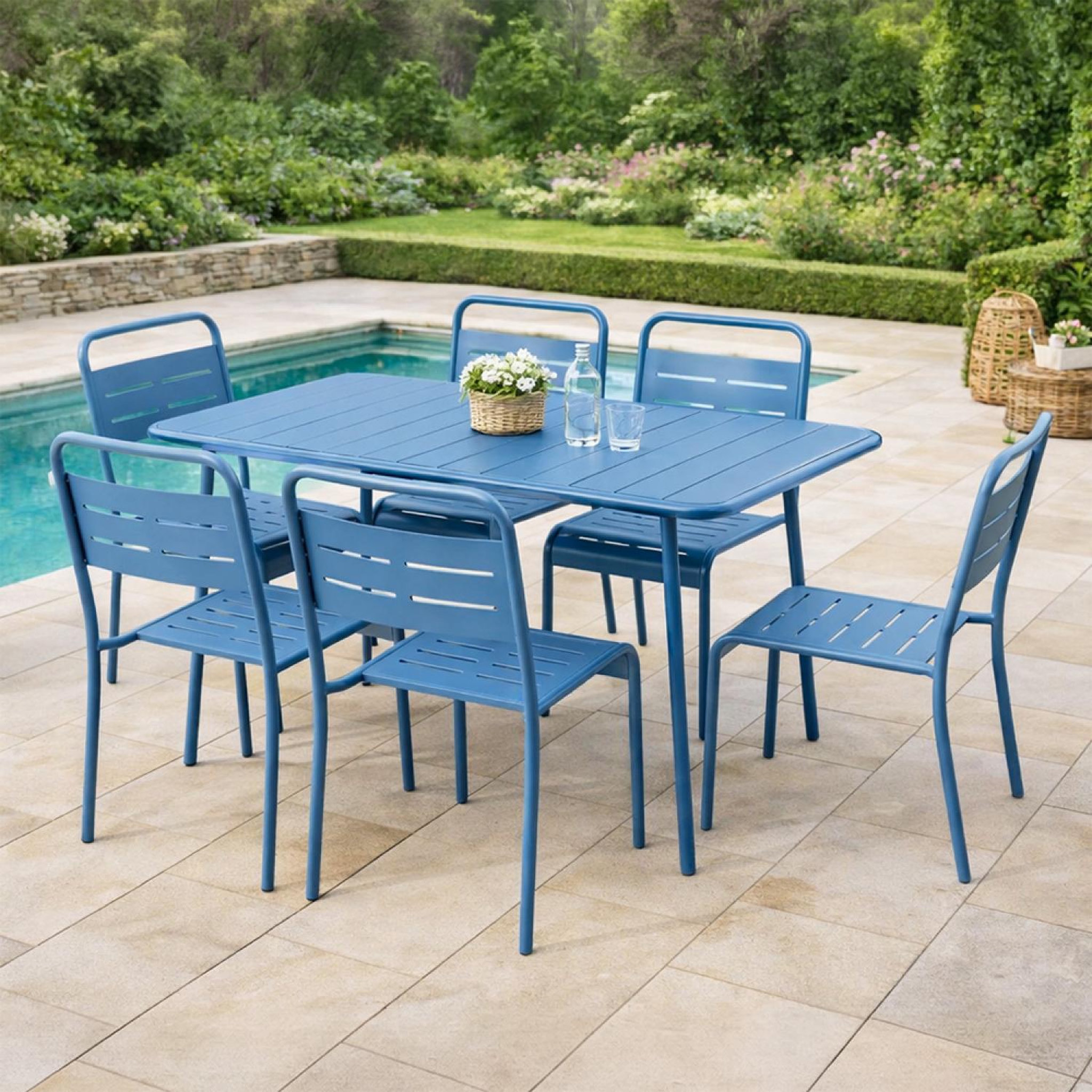 Voir la diapositive 5 : CONCEPT USINE Ensemble table de jardin 120 cm et 4 chaises bleu bergame
