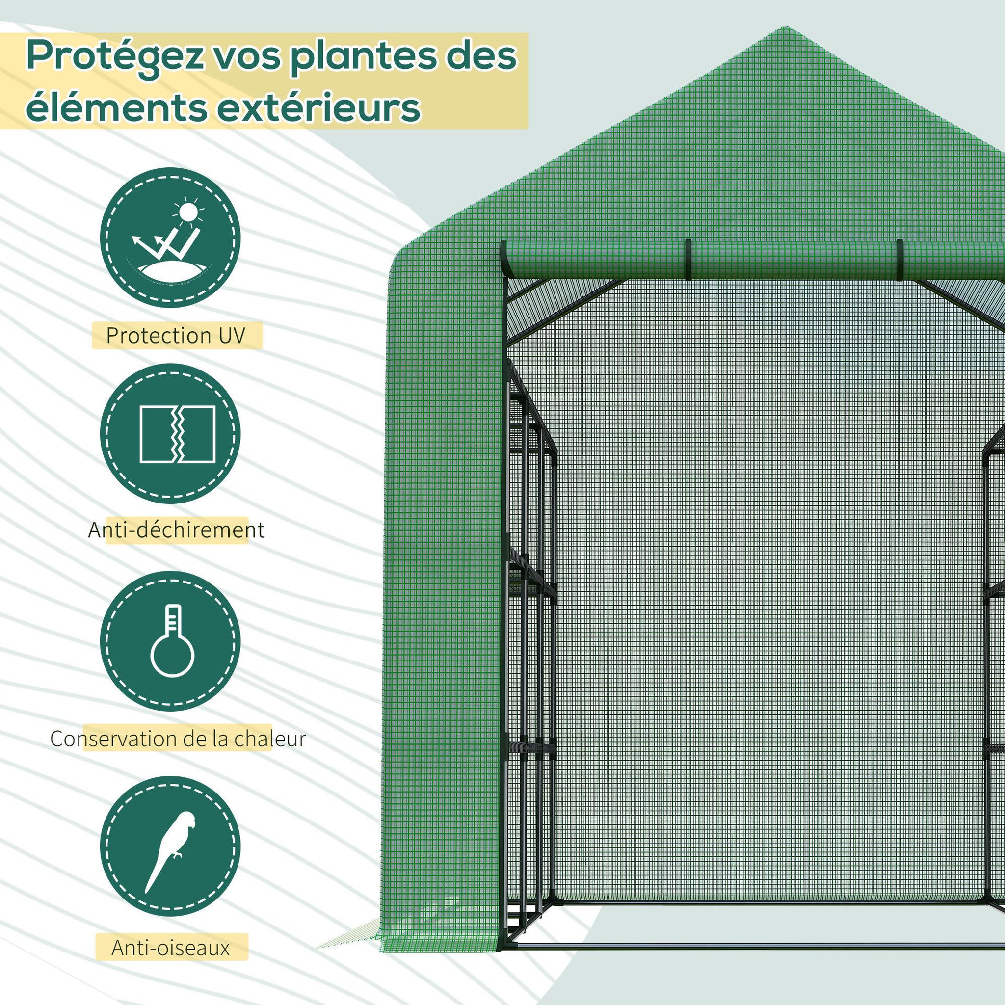 Voir la diapositive 4 : OUTSUNNY Serre de jardin 6 étagères dim. 244l x 180l x 210h cm porte enroulable acier noir bâche pe vert
