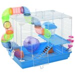 PAWHUT Cage à hamster rongeur 2 niveaux avec tunnel, biberon eau, roue, maisonnette, échelles - dim. 46L x 30l x 37H cm - métal blanc PP bleu