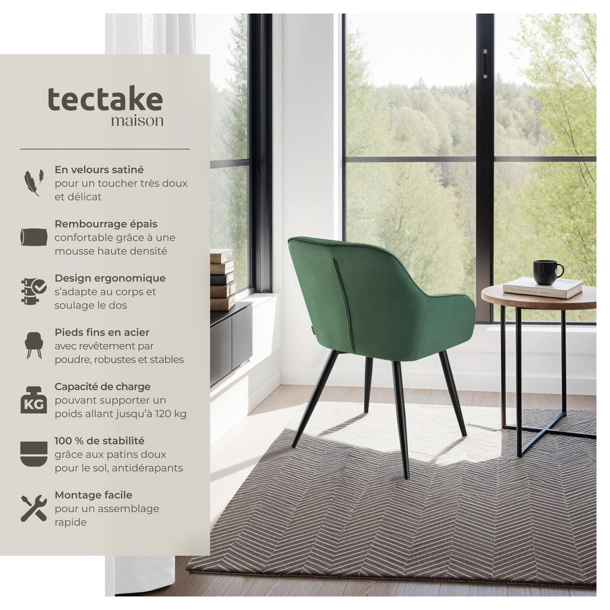 tectake Chaise de salle à manger rembourrée et en velours matelassé vert foncé/noir Lot de 6