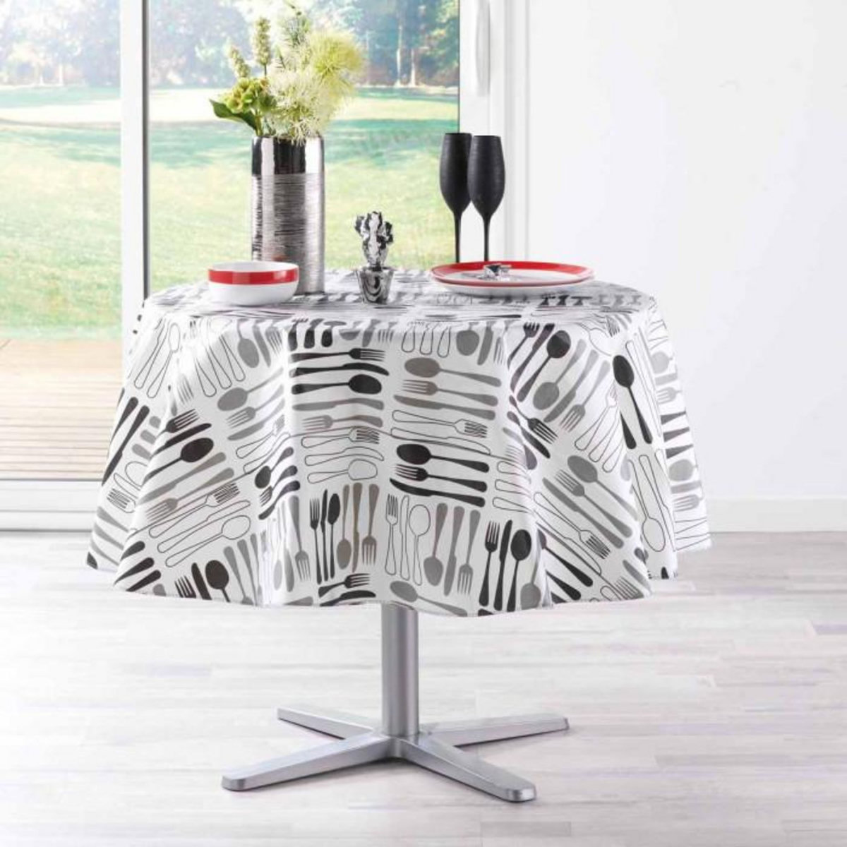 Paris Prix Nappe Ronde Imprimée  Dinera  160cm Blanc & Noir