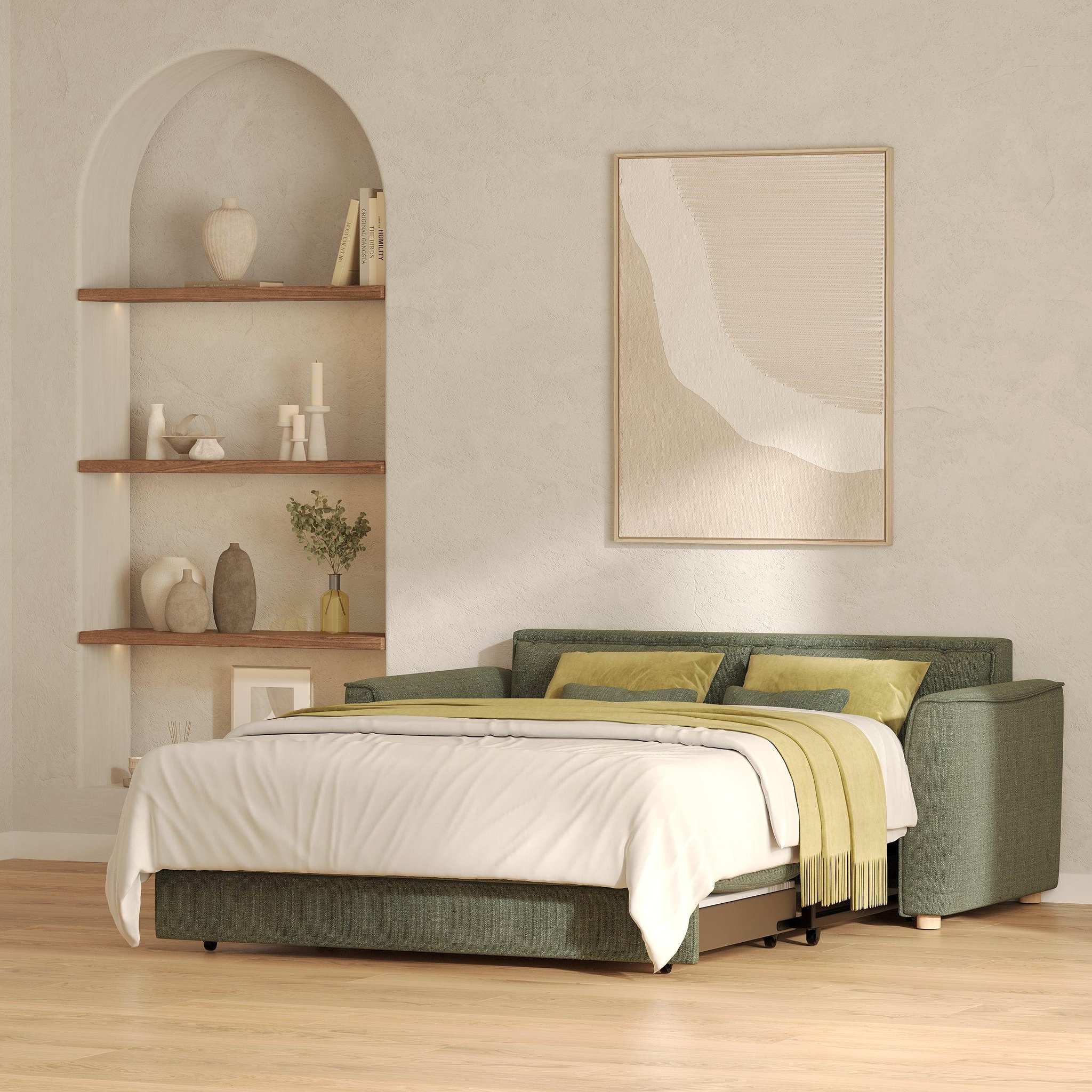 Voir la diapositive 6 : MAISON PAVANE Canapé convertible 2 places en tissu texturé vert kaki-olympe
