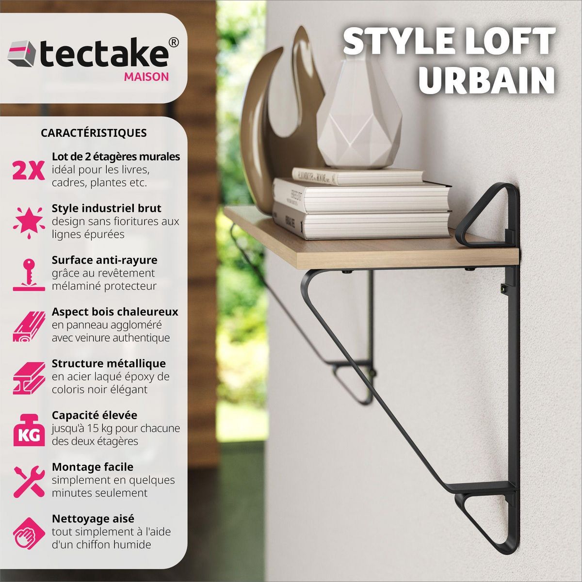 tectake Lot de 2 étagères murales style industriel Bois clair industriel, Chêne Sonoma