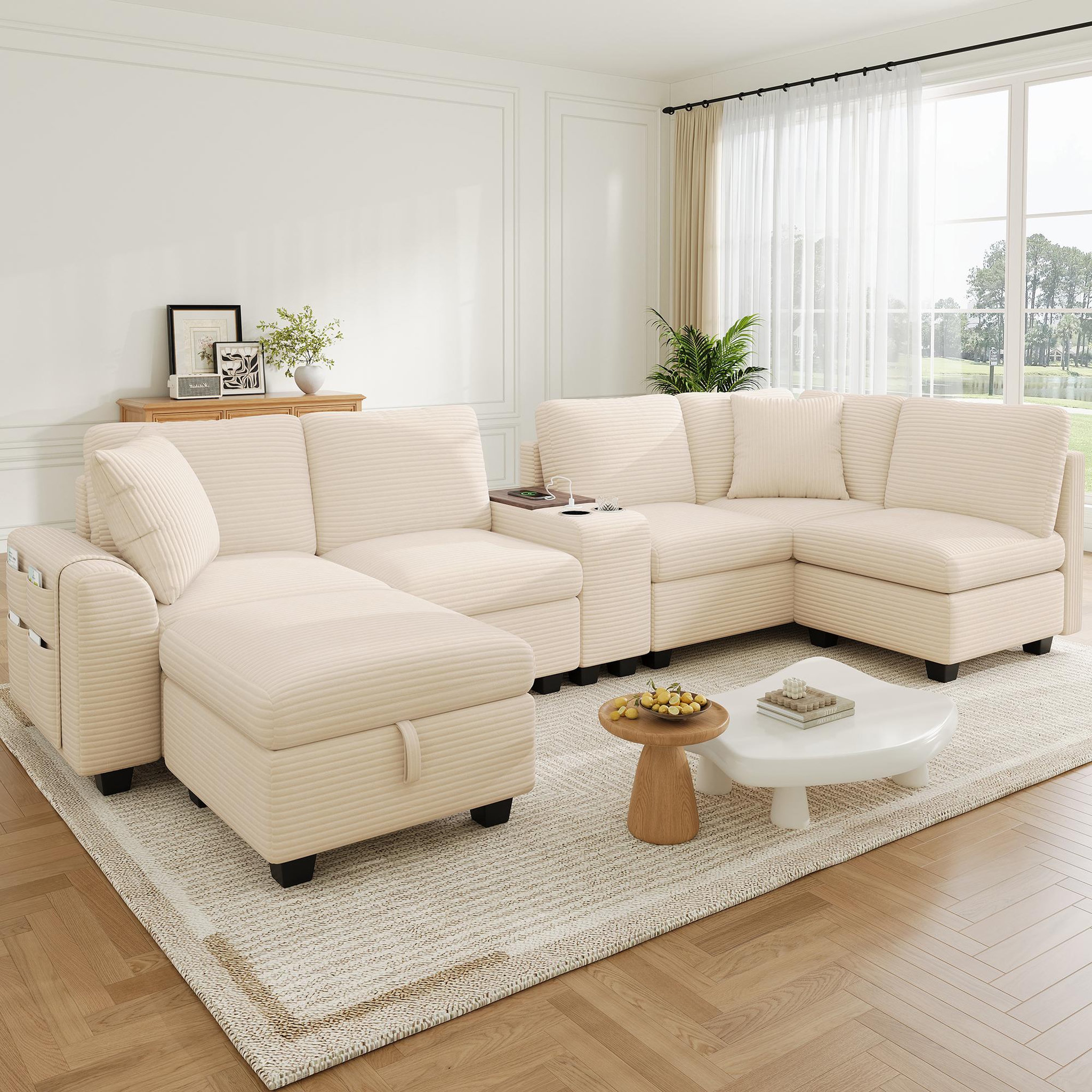 Voir la diapositive 4 : MERAX Canapé d'angle modulable u/l 6 places avec console usb tissu côtelé