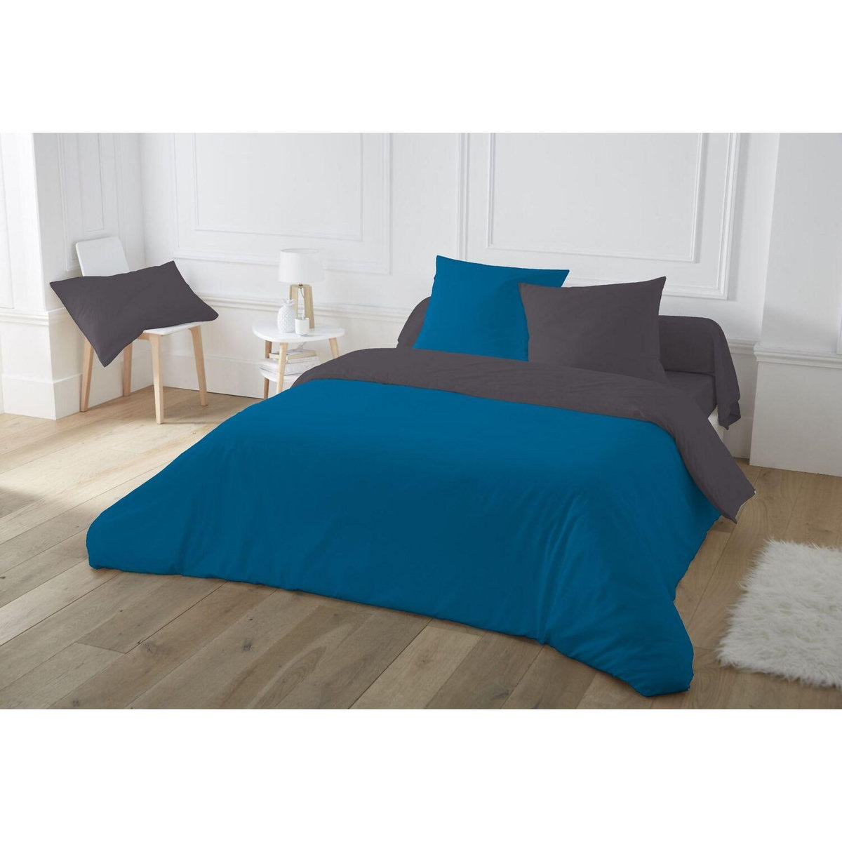 Home collection Parure de couette 3pcs 240x260 100%coton 57fils bicolore mozaic blue fusain