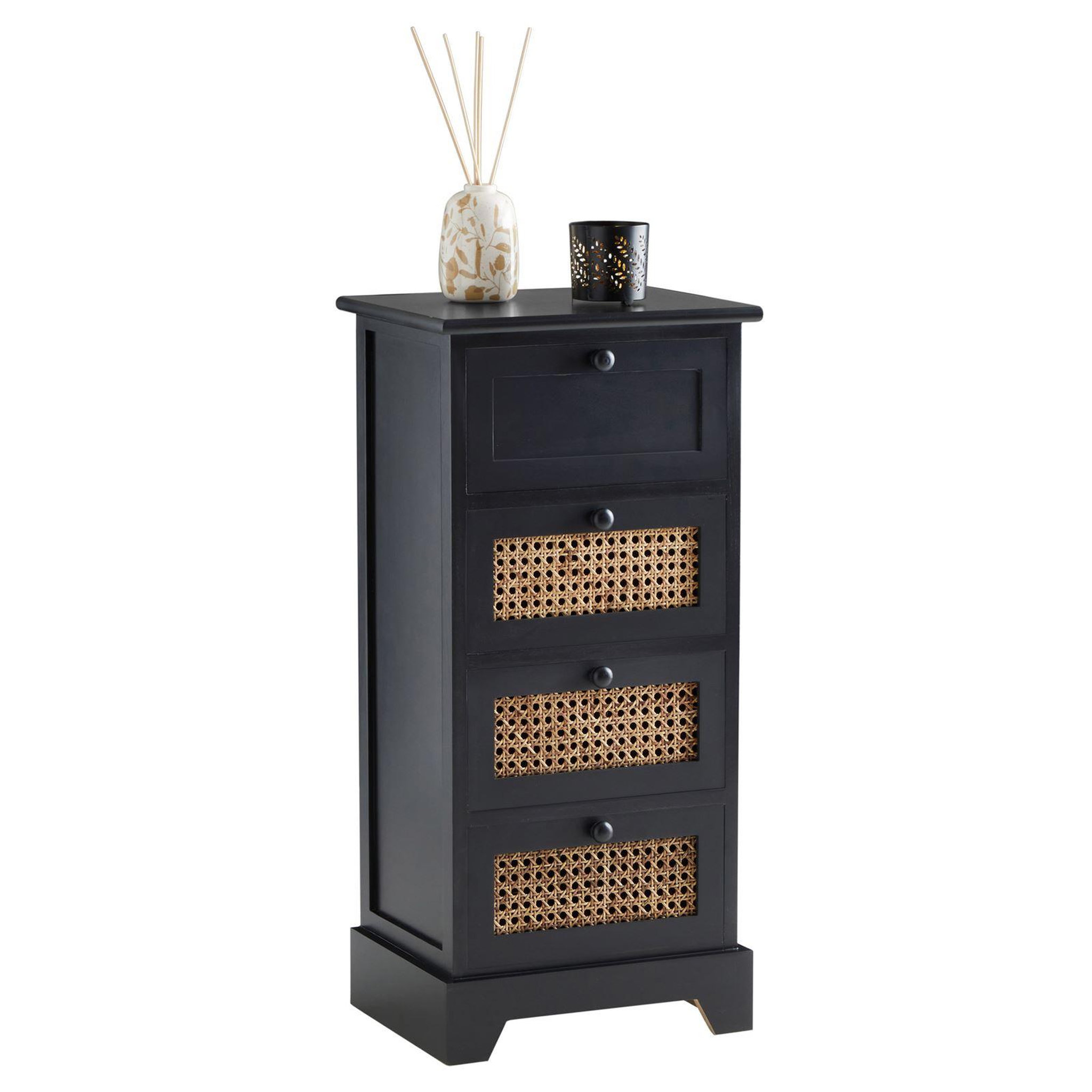 Voir la diapositive 1 : IDIMEX Chiffonnier JASMIN avec 4 tiroirs, en bois de paulownia et rotin