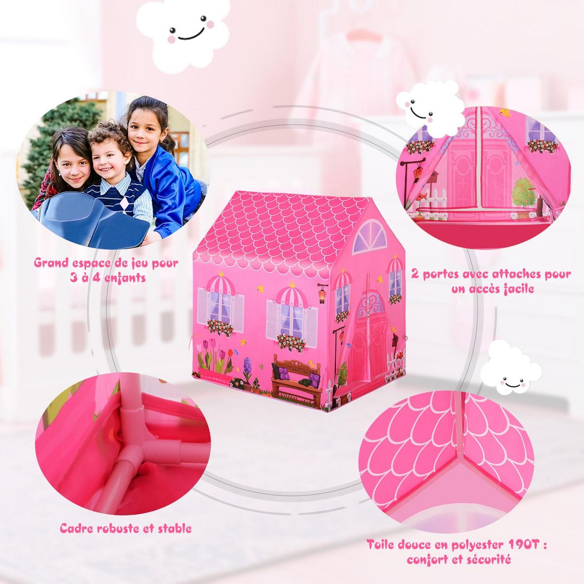 HOMCOM Tente enfant tente de jeu tente chateau de princesse dim. 93L x 69l x 103H cm 2 portes polyester rose