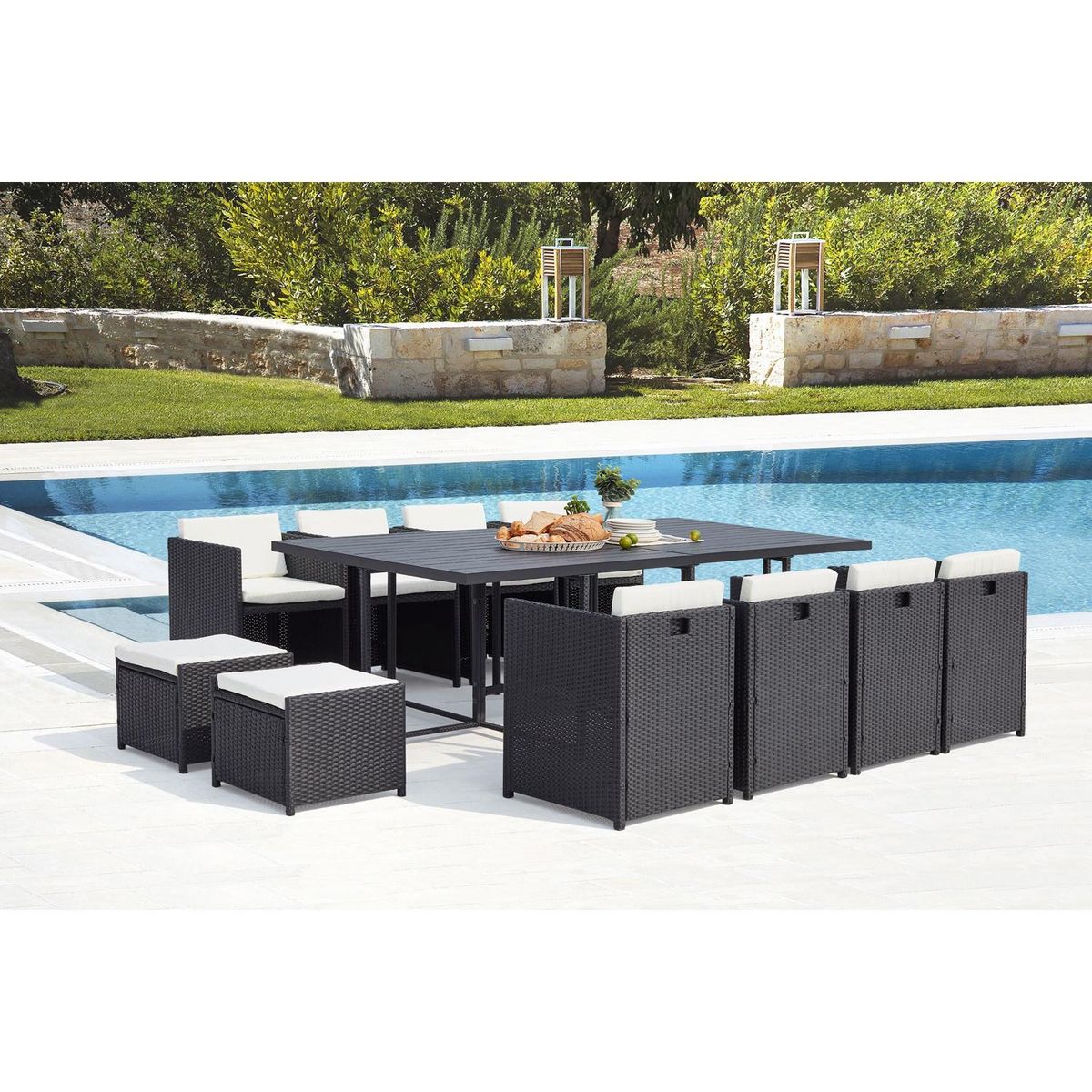 CONCEPT USINE Table et chaise 12 places encastrables alu résine noir-blanc SUNSET