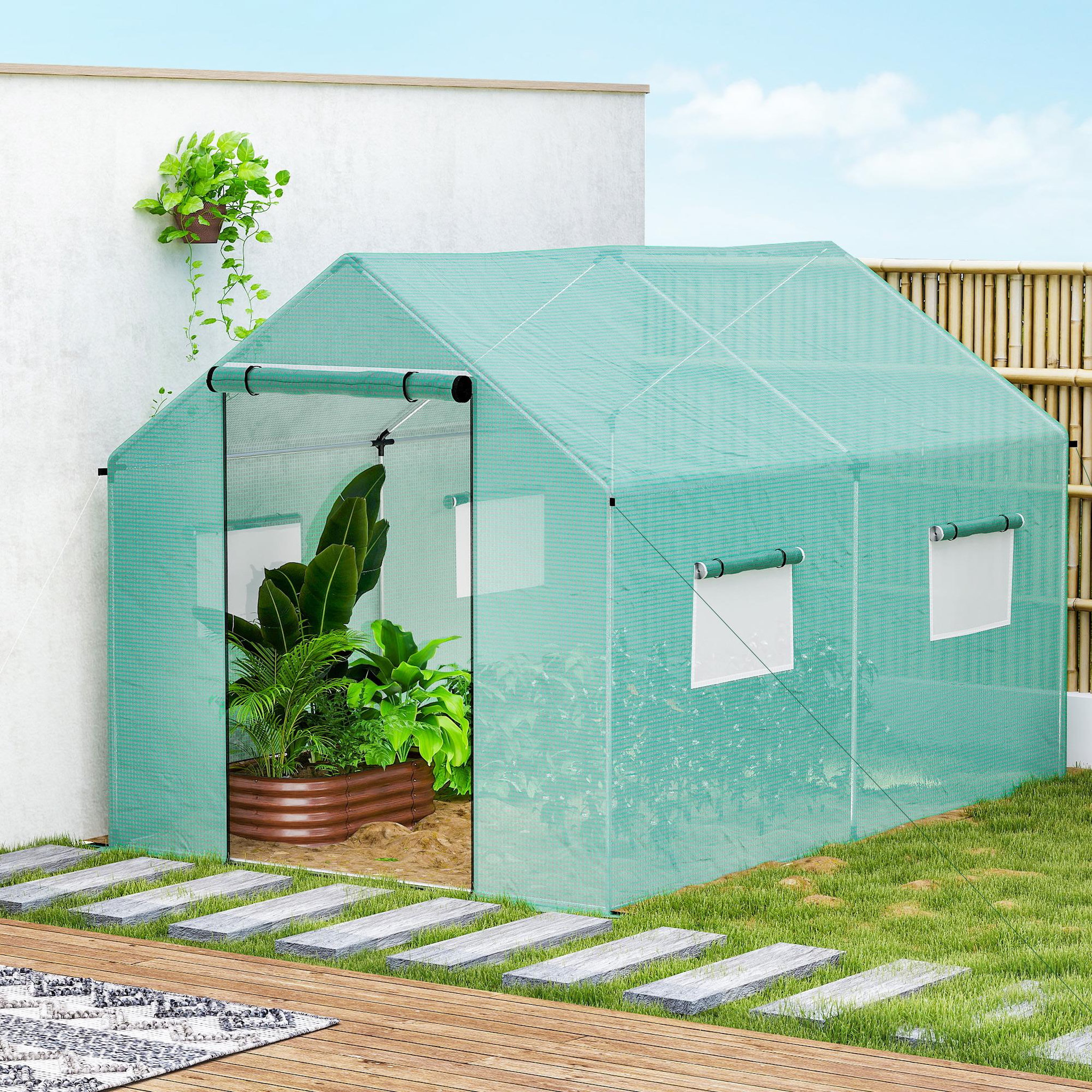 Voir la diapositive 4 : OUTSUNNY Serre de jardin tunnel 6 m² porte 4 fenêtres acier galvanisé PE vert