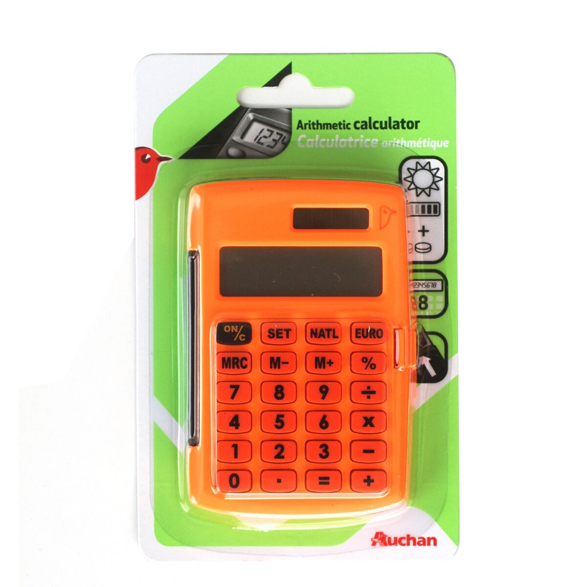 AUCHAN  Calculatrice arithmétique affichage 8 chiffres + étui - orange