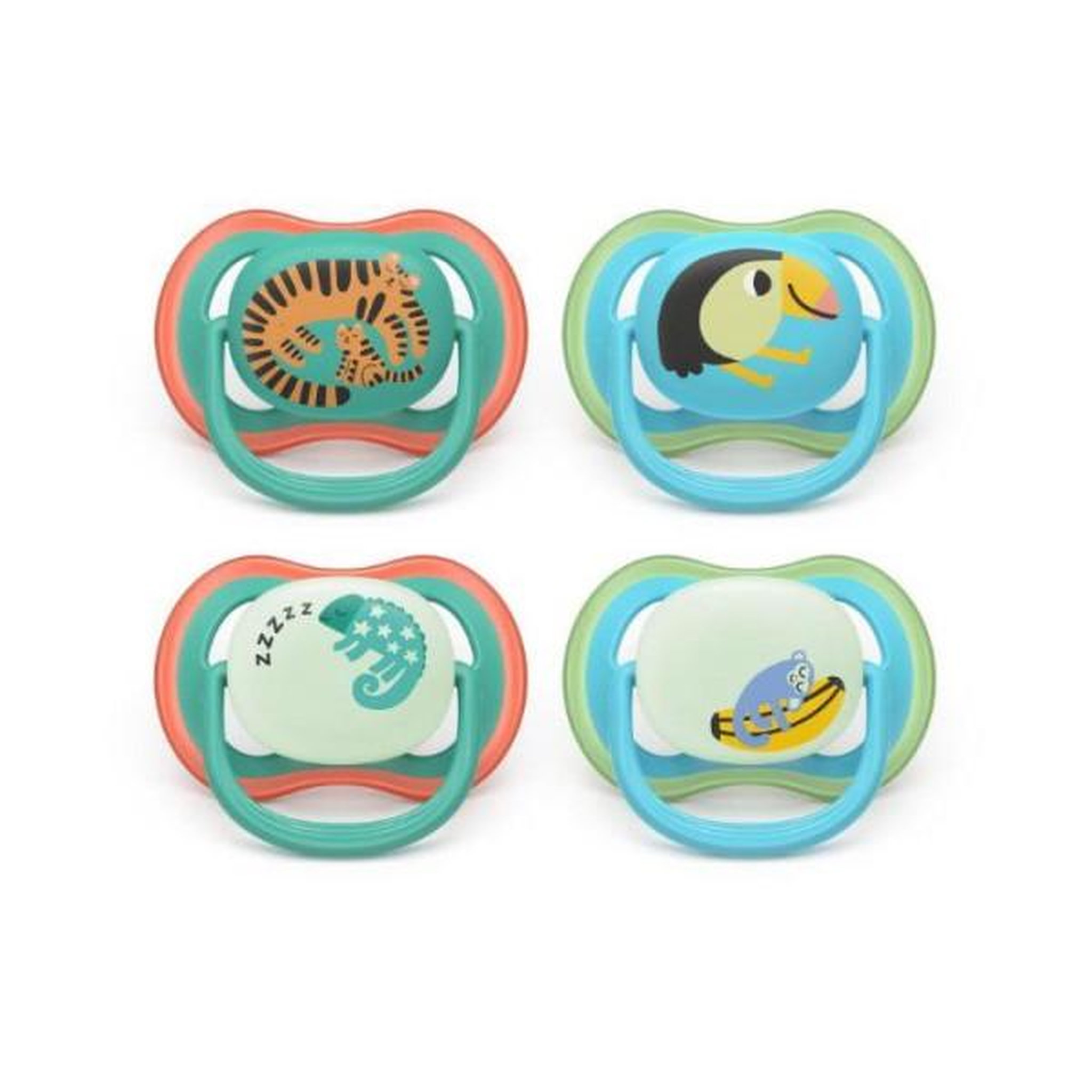 Voir la diapositive 2 : Philips Avent Lot de 4 sucettes Pacifier ultra air - PHILIPS AVENT - SCF087/27 - Jour et nuit - Sans BPA - 6/18 mois - Vert / Orange