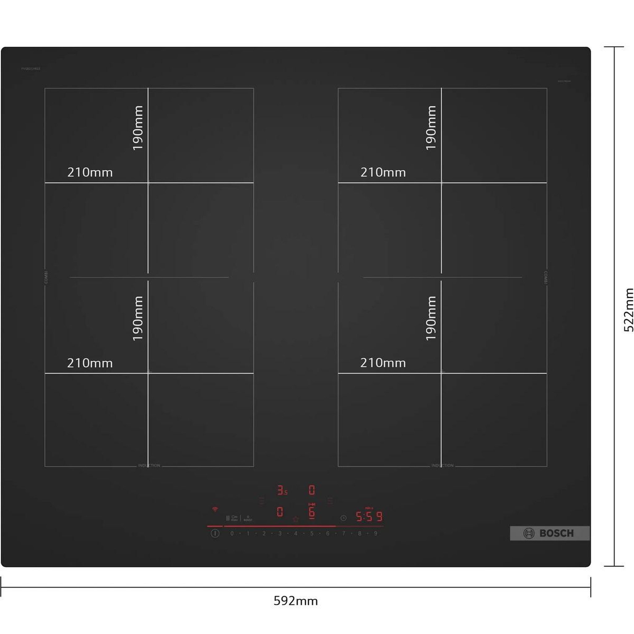 Voir la diapositive 4 : BOSCH Table de cuisson induction 60cm 4 feux 7400w noir mat - PVQ61CHB1E