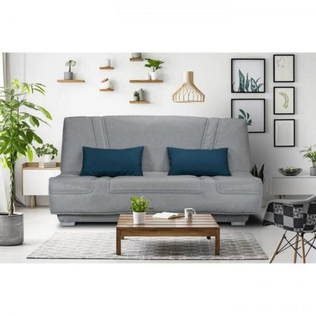 MARKET24 COMFORT BULTEX Banquette clic-clac - 3 places - Tissu gris + Coussins déco bleu - L193 x