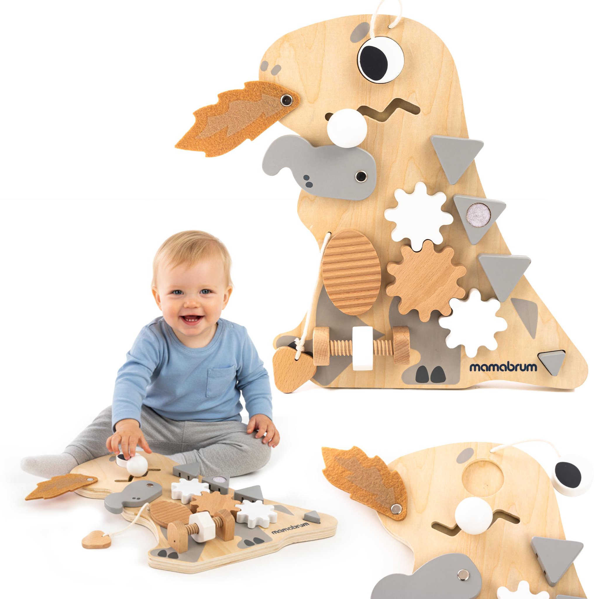 MAMABRUM Tableau Manipulation Bois Mamabrum Planche Dinosaure 10 en 1 24x29 cm 18M+
