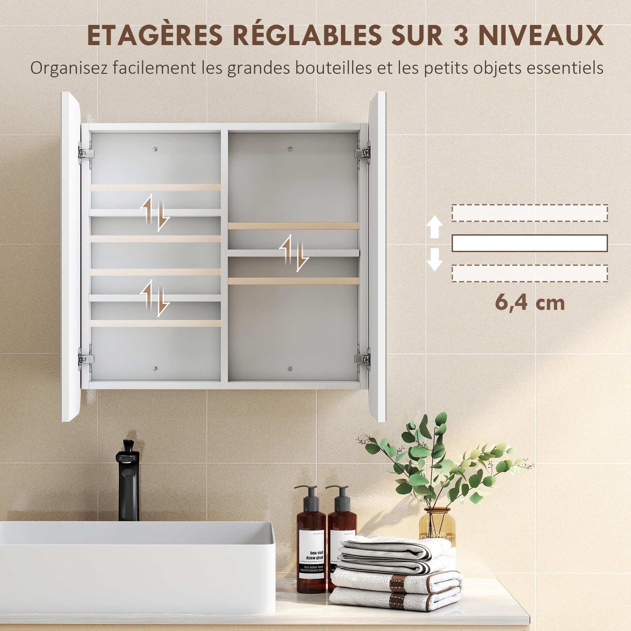 Voir la diapositive 5 : HOMCOM Armoire miroir murale salle de bain design arqué 2 portes dim. 68 x 13 x 66 cm blanc