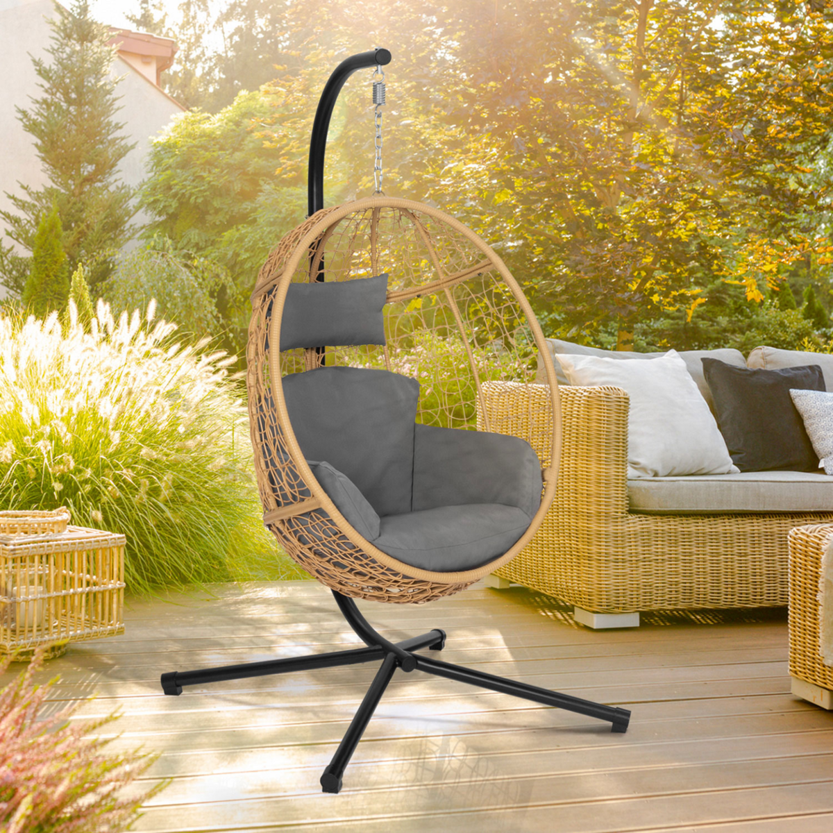 ID MARKET Fauteuil oeuf suspendu ajouré effet rotin avec coussin gris