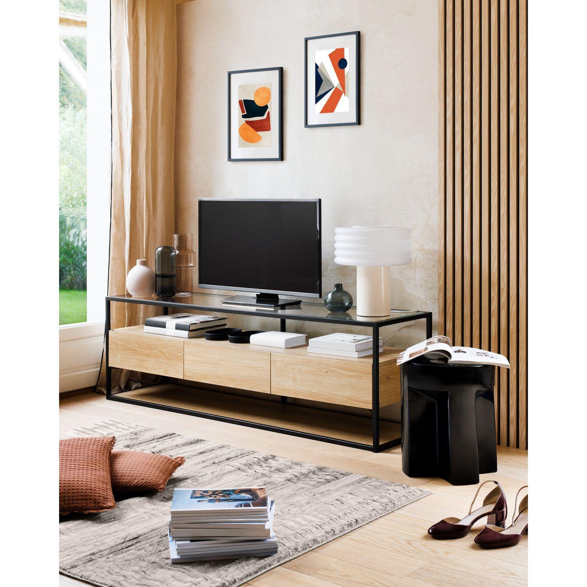Voir la diapositive 2 : ATMOSPHERA Meuble tv 3 tiroirs effet bois et verre aldea - beige