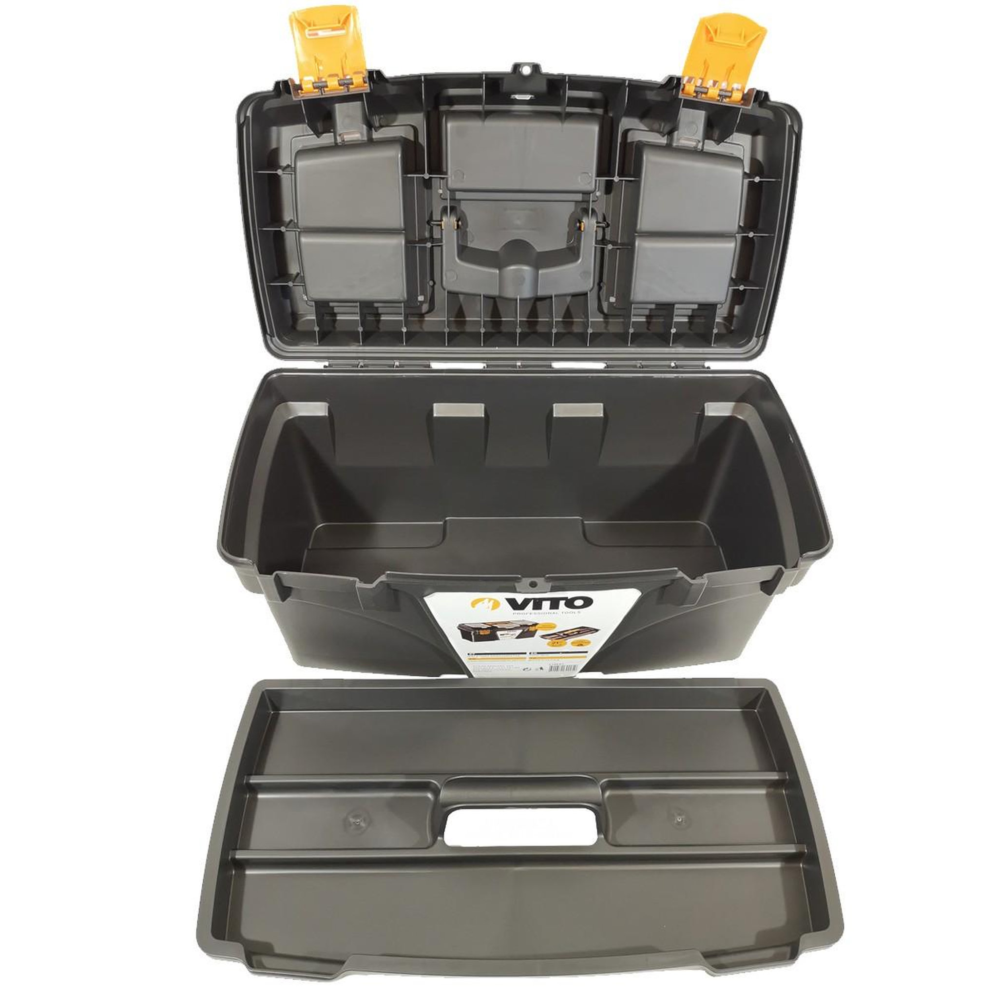 Voir la diapositive 4 : VITO Boite à outils vide 21  53.5 x 29.1 x 28 cm - grande caisse à outils 3 organiseurs + porte outils amovible vito