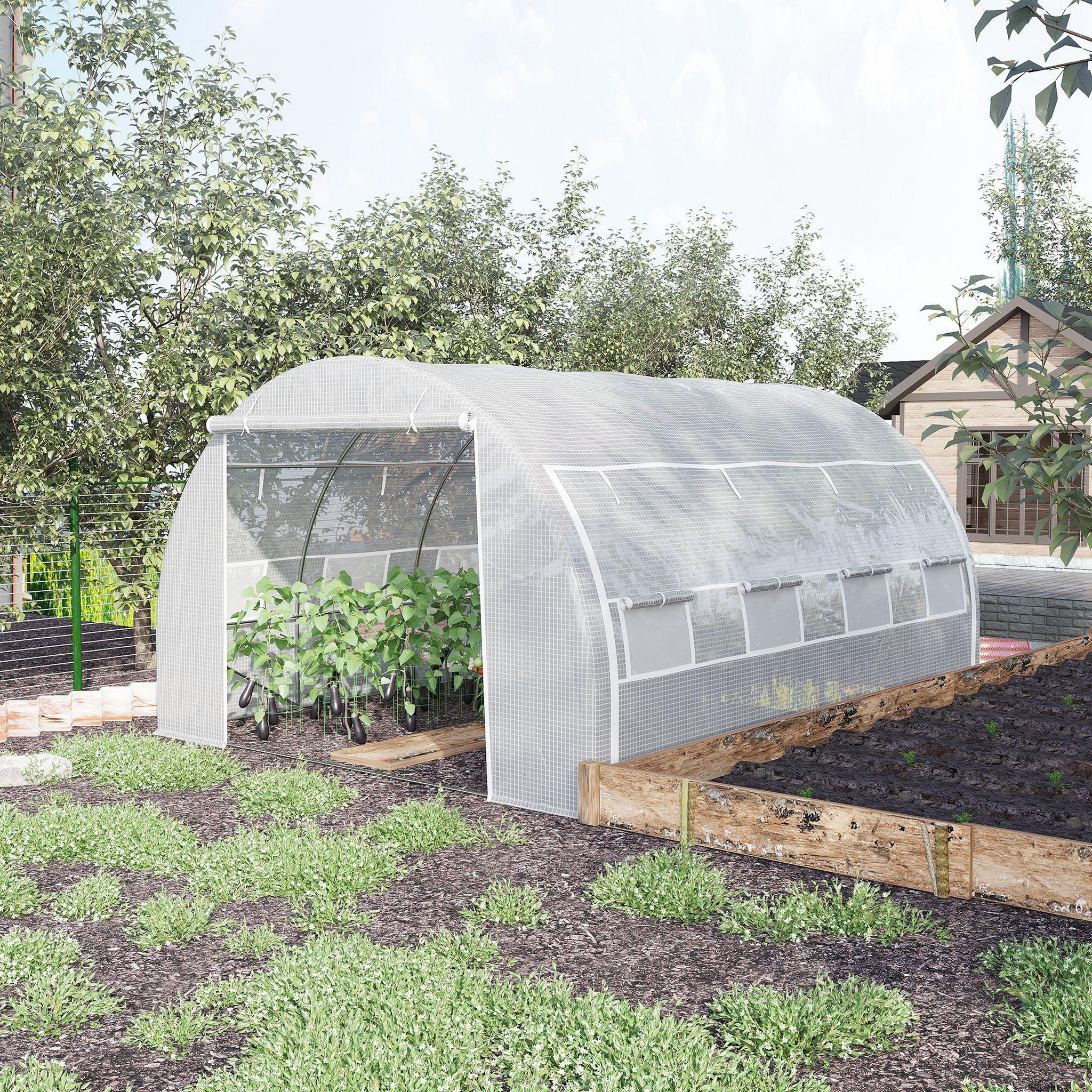 Voir la diapositive 2 : OUTSUNNY Serre de jardin 12 m² porte parois latérales zippées enroulables 8 fenêtres acier pe haute densité blanc
