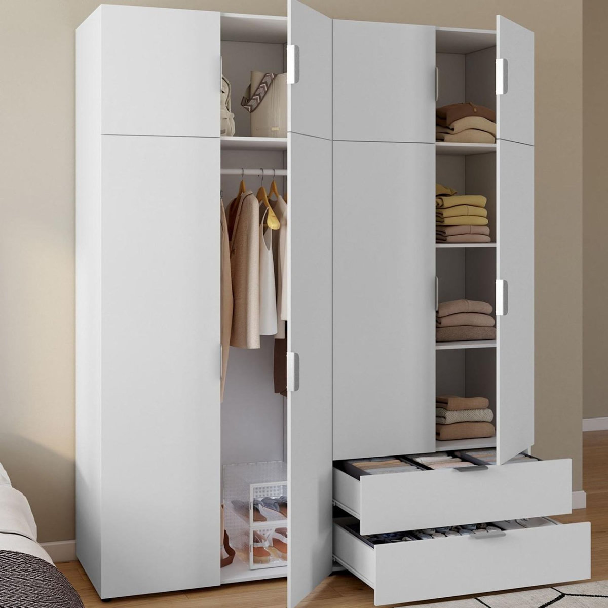ID MARKET Armoire 4 portes MINA blanc penderie 160 cm avec 2 rangements hauts et 2 tiroirs