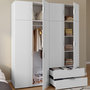 Voir la diapositive 3 : ID MARKET Armoire 4 portes MINA blanc penderie 160 cm avec 2 rangements hauts et 2 tiroirs