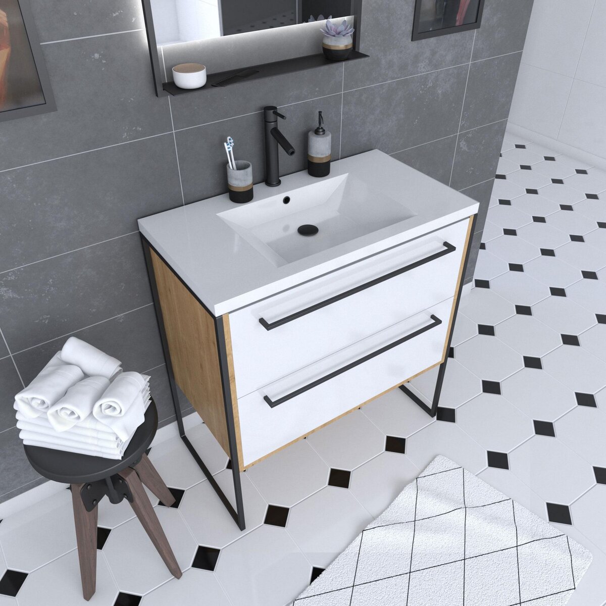 Aurlane Ensemble Meuble de salle de bain blanc 80cm + vasque en résine blanche 80x50 + tiroirs blanc mat