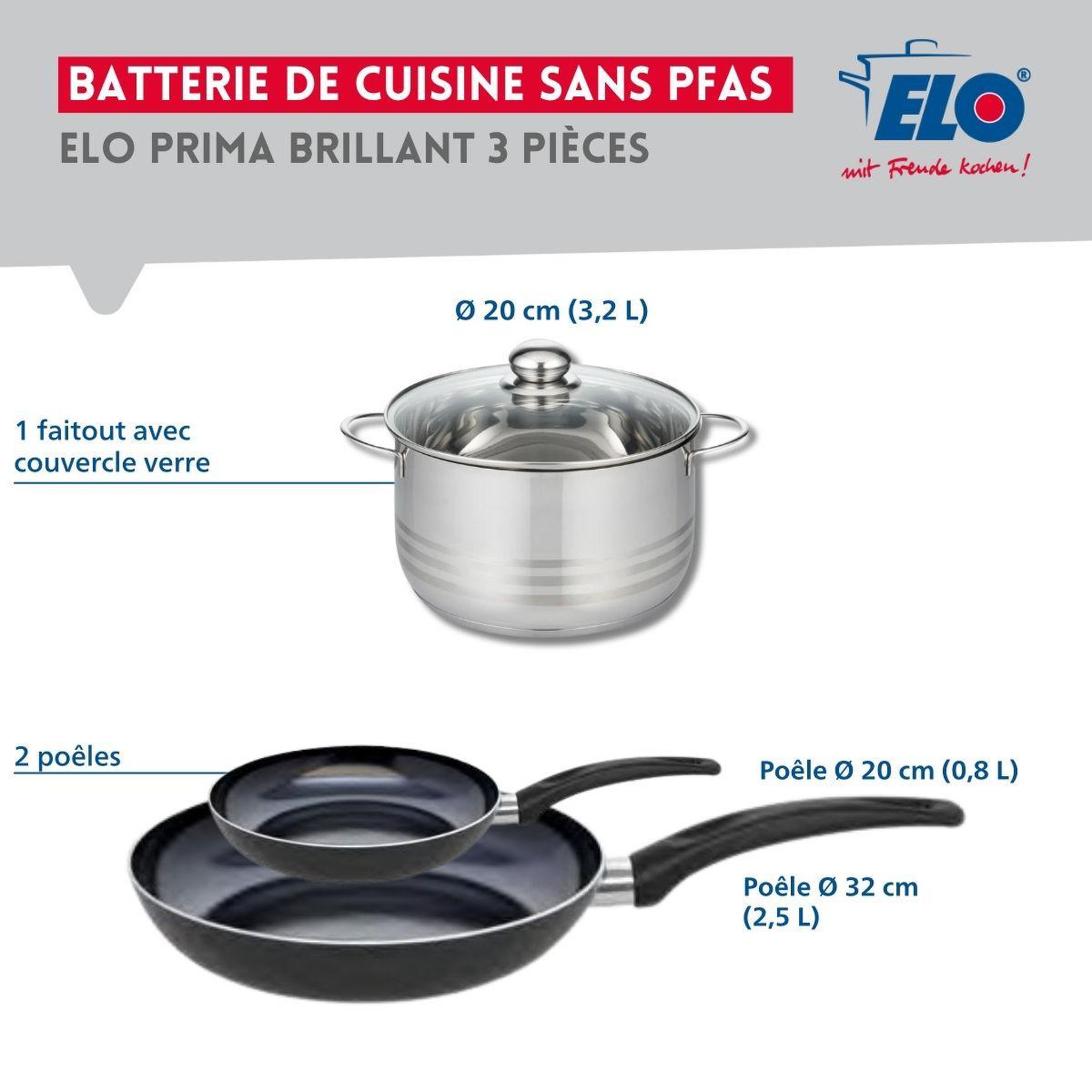 Voir la diapositive 2 : ELO Ensemble de 2 poêles de cuisson 20 et 32 cm et 1 faitout 20 cm elo prima brillant