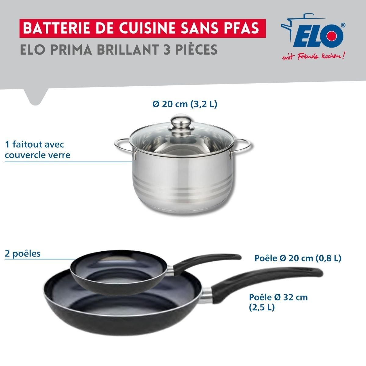 ELO Ensemble de 2 Poêles de cuisson 20 et 32 cm et 1 faitout 20 cm Elo Prima Brillant