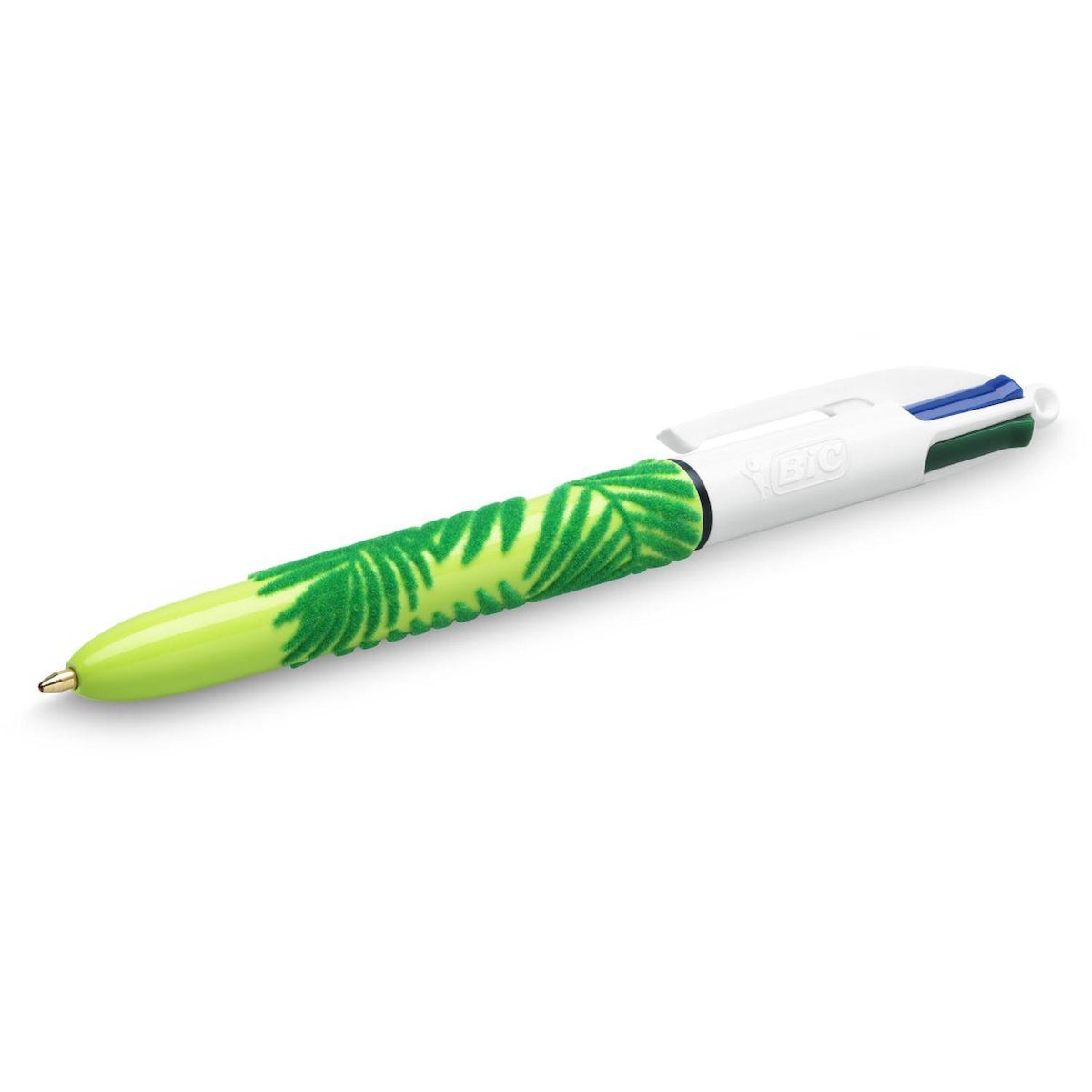 BIC Lot de 3 stylos bille 4 couleurs rétractable pointe moyenne Velours 1jaune/1bleu/1vert à motifs