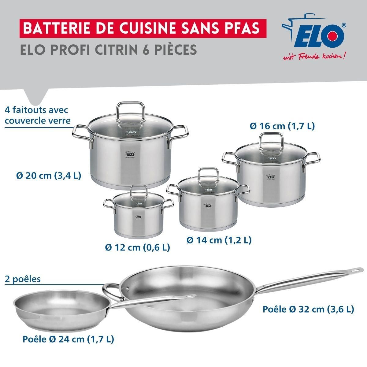 666 Barcelona Ensemble de 2 Poêles de cuisson 24 et 32 cm et 4 faitouts 12, 14, 16 et 20 cm Elo Profi Citrin