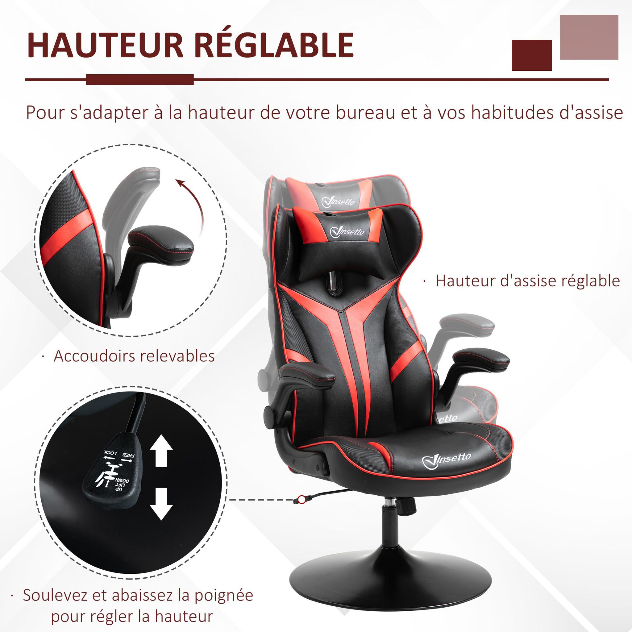 Voir la diapositive 4 : VINSETTO Fauteuil gaming base ronde métal pivotante 360° hauteur réglable tétière accoudoirs relevables PVC rouge noir