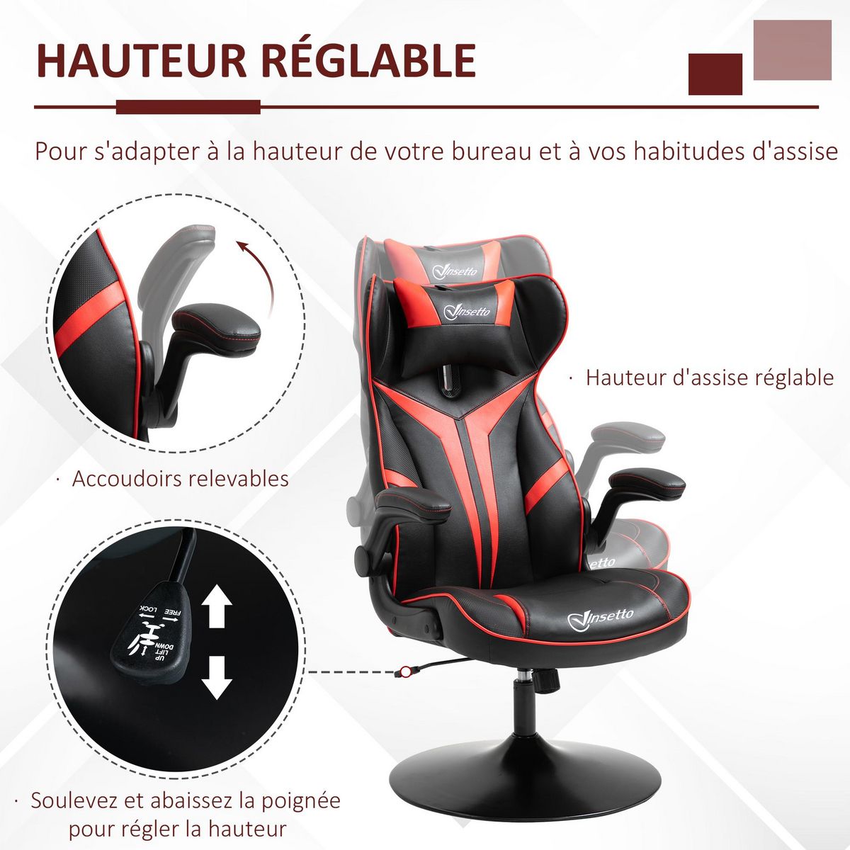 VINSETTO Fauteuil gaming base ronde métal pivotante 360° hauteur réglable tétière accoudoirs relevables PVC rouge noir