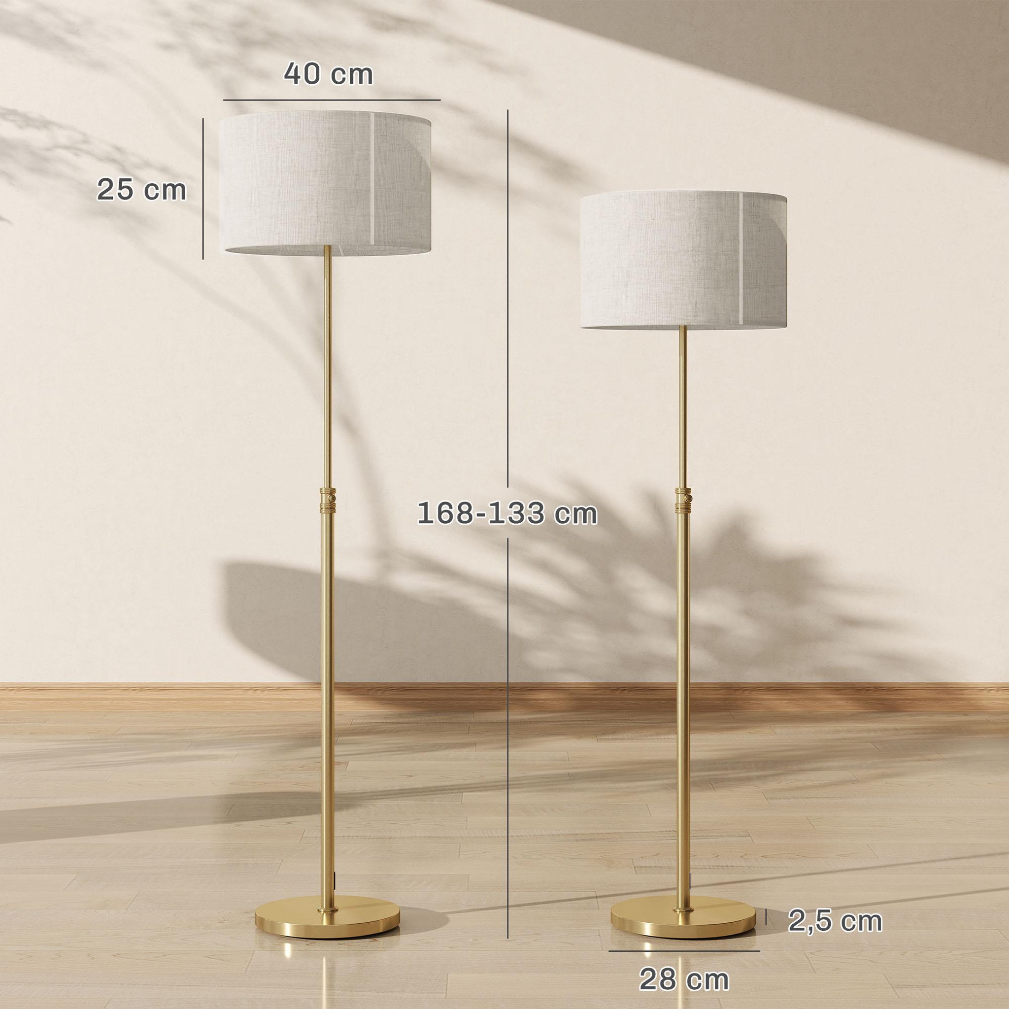 Voir la diapositive 3 : HOMCOM Lampadaire style néo-rétro métal doré abat jour lin beige h.133-168 cm réglable avec télécommande