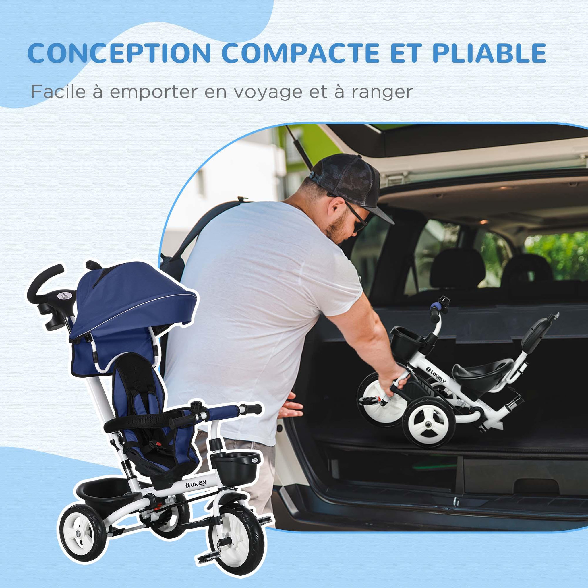 Voir la diapositive 4 : HOMCOM Tricycle enfant évolutif pliable pare-soleil canne télescopique amovible siège réversible bleu