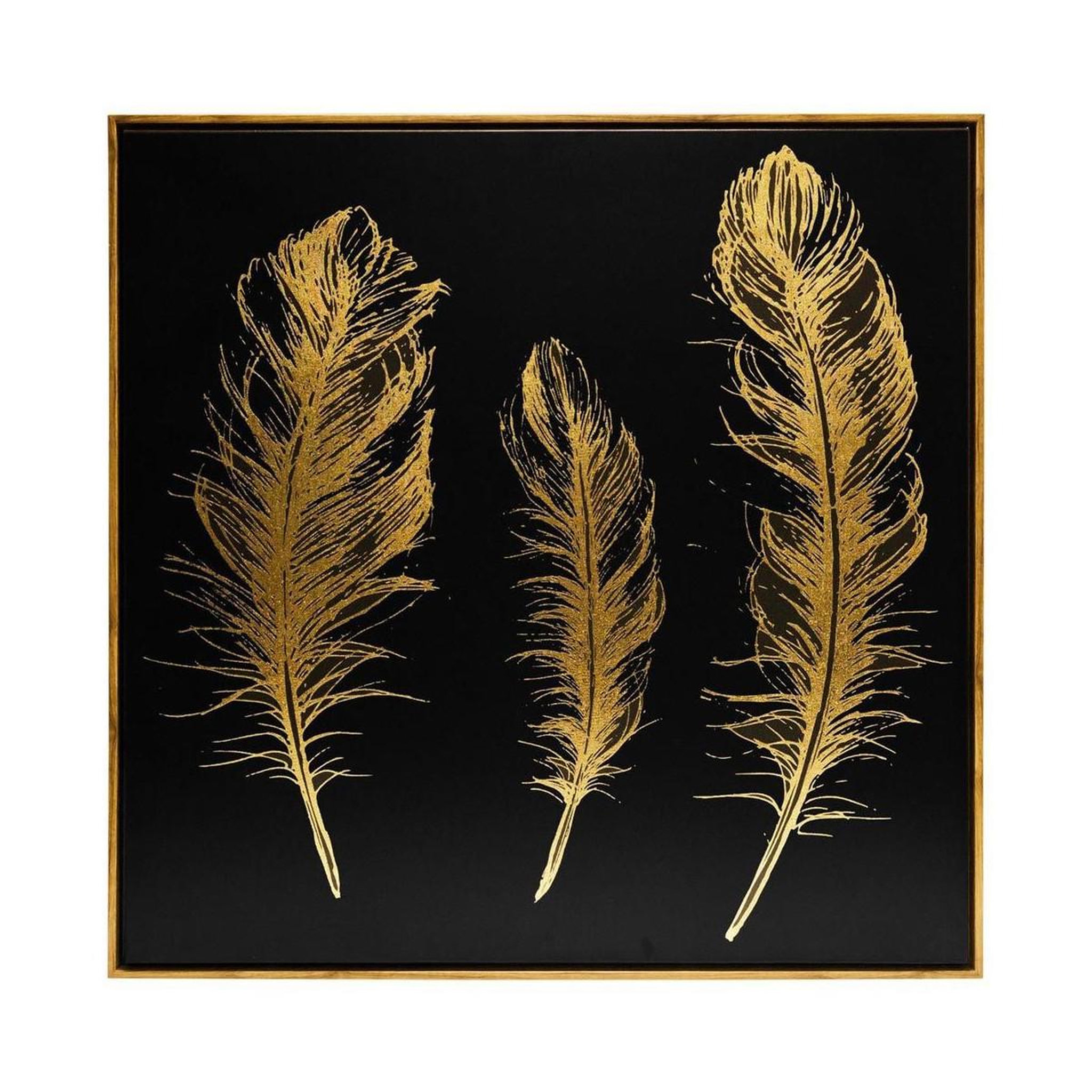 Voir la diapositive 1 : ATMOSPHERA Toile Peinte  Plumes  78x78cm Noir & Or