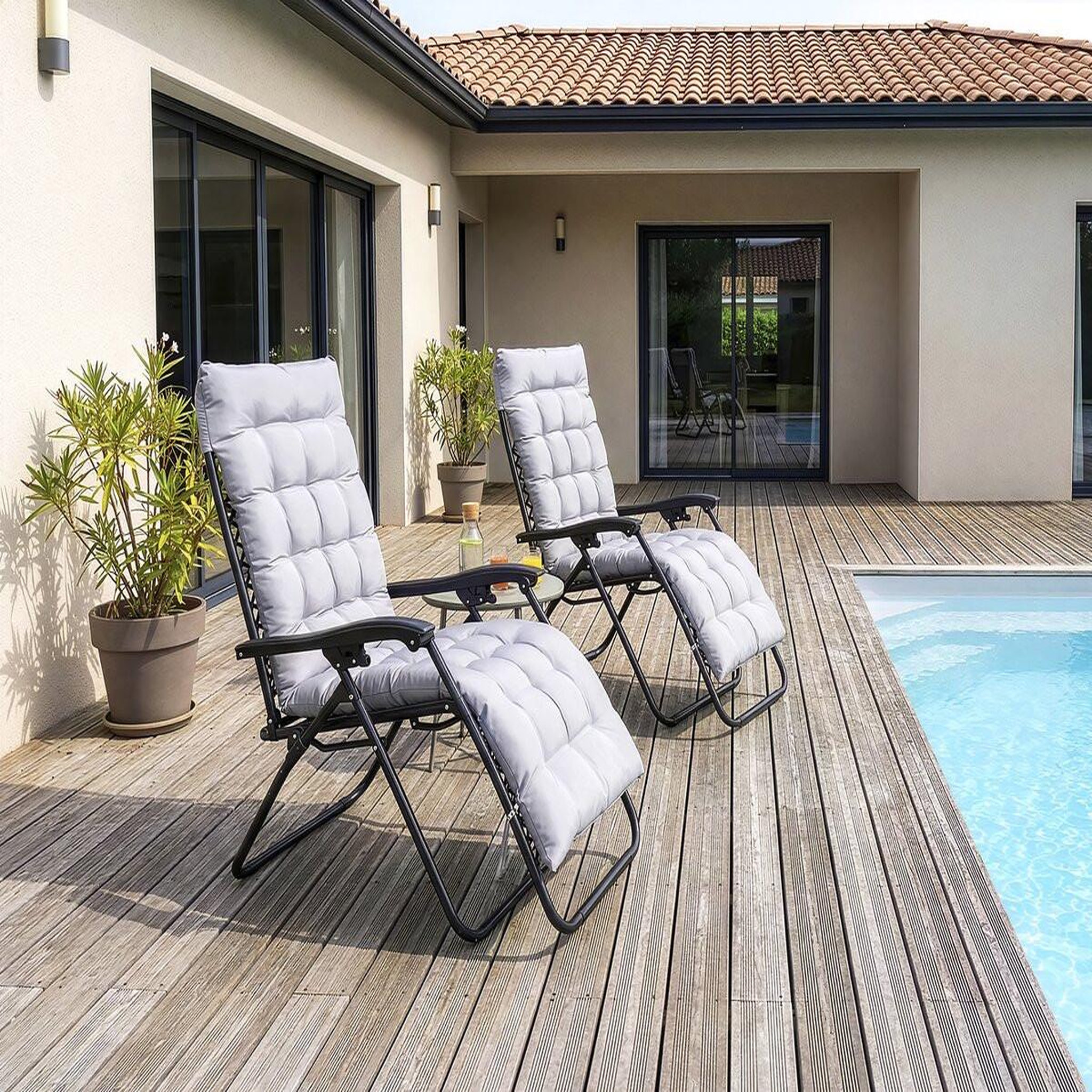 Voir la diapositive 2 : Habitat et Jardin Lot de 2 fauteuils de jardin inclinable zéro gravité avec coussin matelassé  sintra  - gris