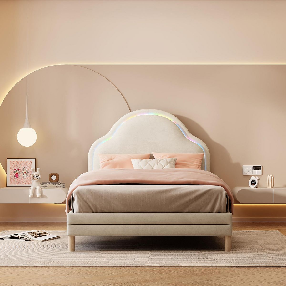 MERAX Lit simple enfant rembourré 90x200cm velours coloris beige