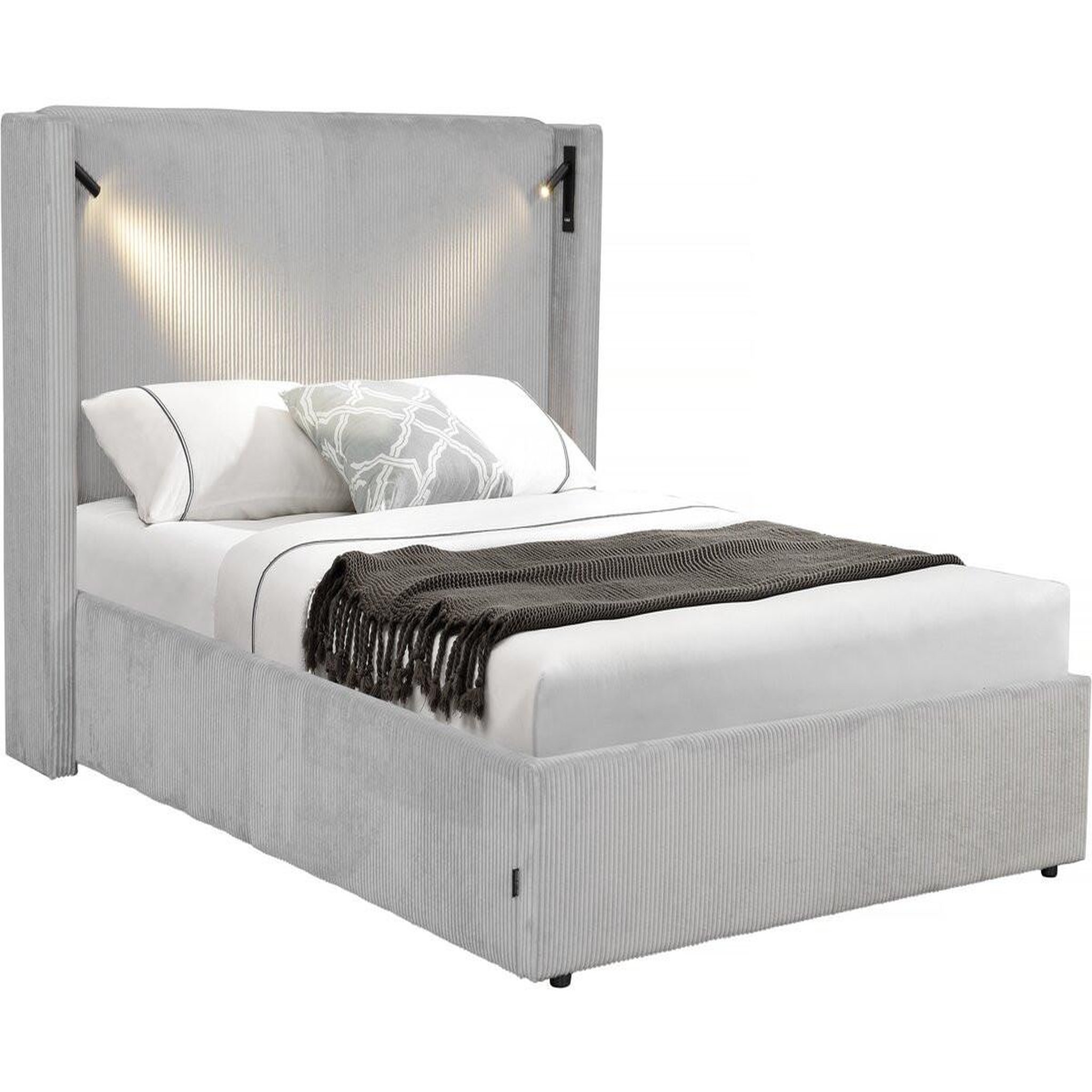 Habitat et Jardin Lit double en velours côtelé avec coffre et lampe intégré  cortina  - 160 x 200 cm - gris