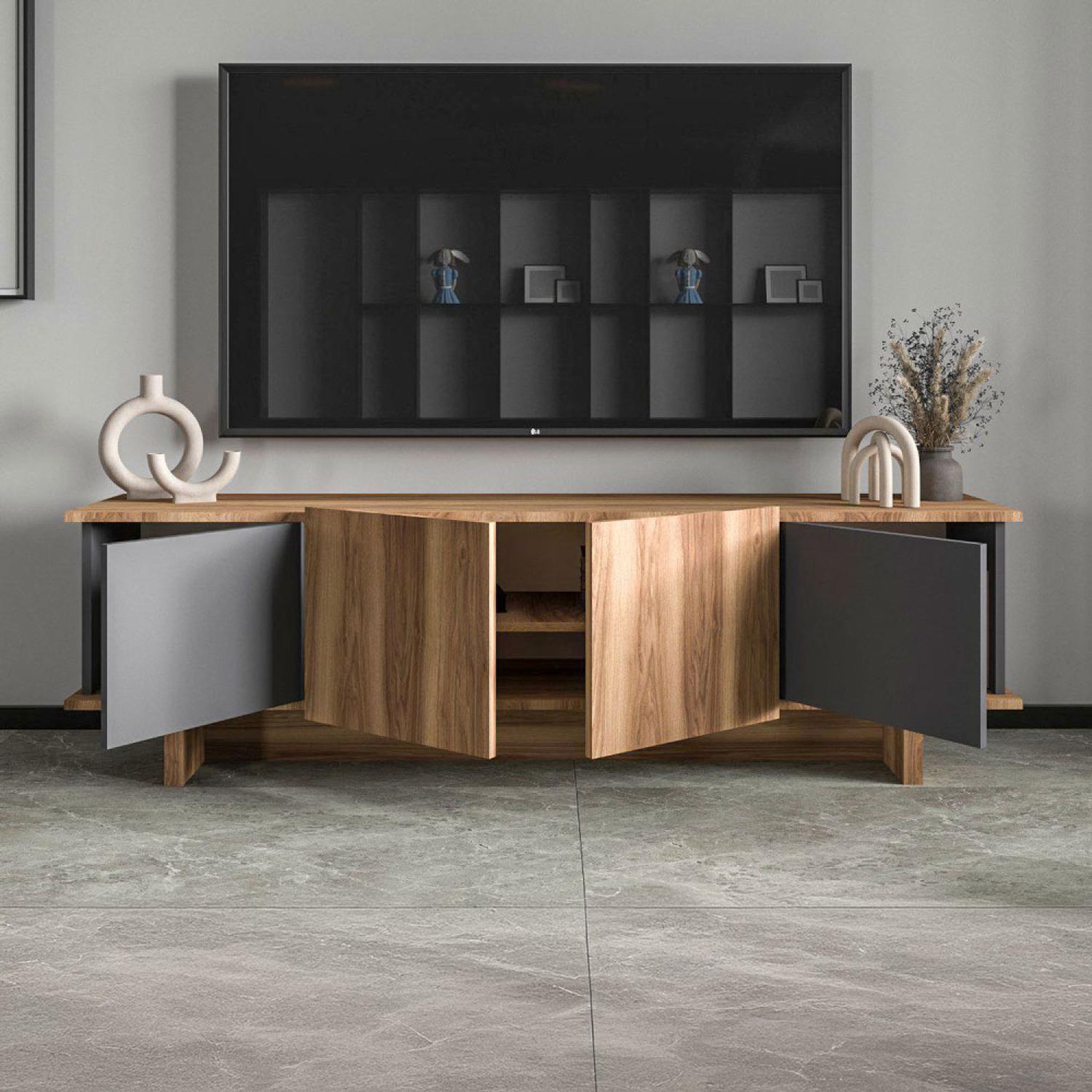 Voir la diapositive 5 : CONCEPT USINE Meuble tv design avec placards aspect bois et gris anthracite 180cm broni