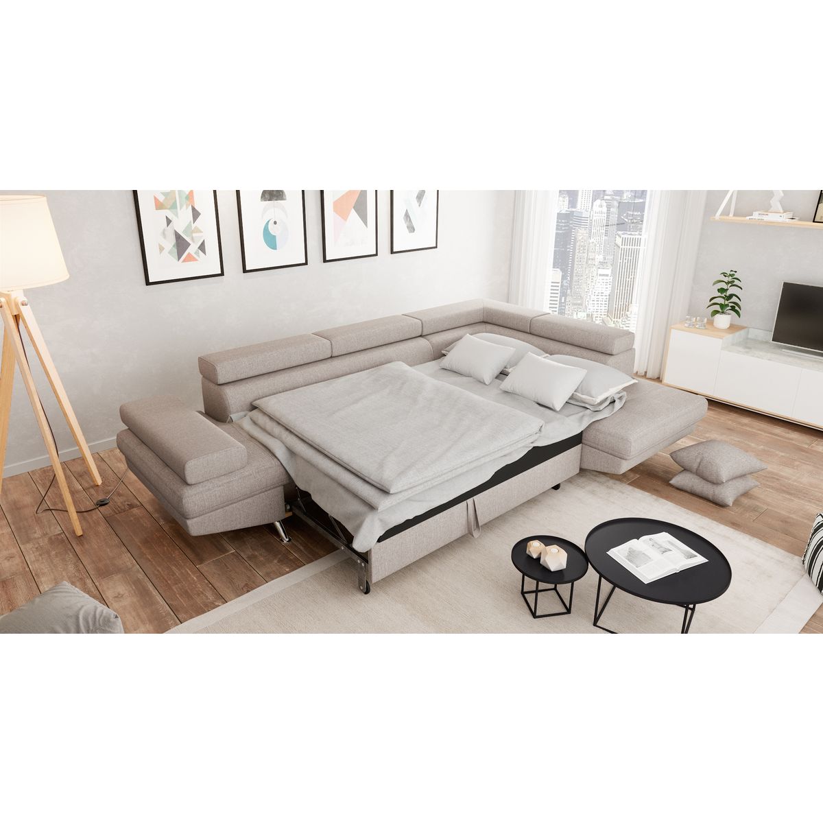 Canapé d'angle droit convertible 4 à 5 places CHICAGO, tissu beige