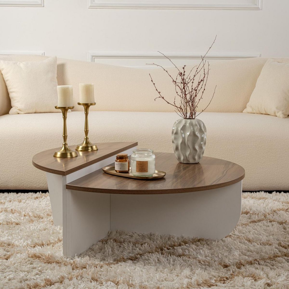 CONCEPT USINE Table basse ronde duo effet travertin 90cm XYN