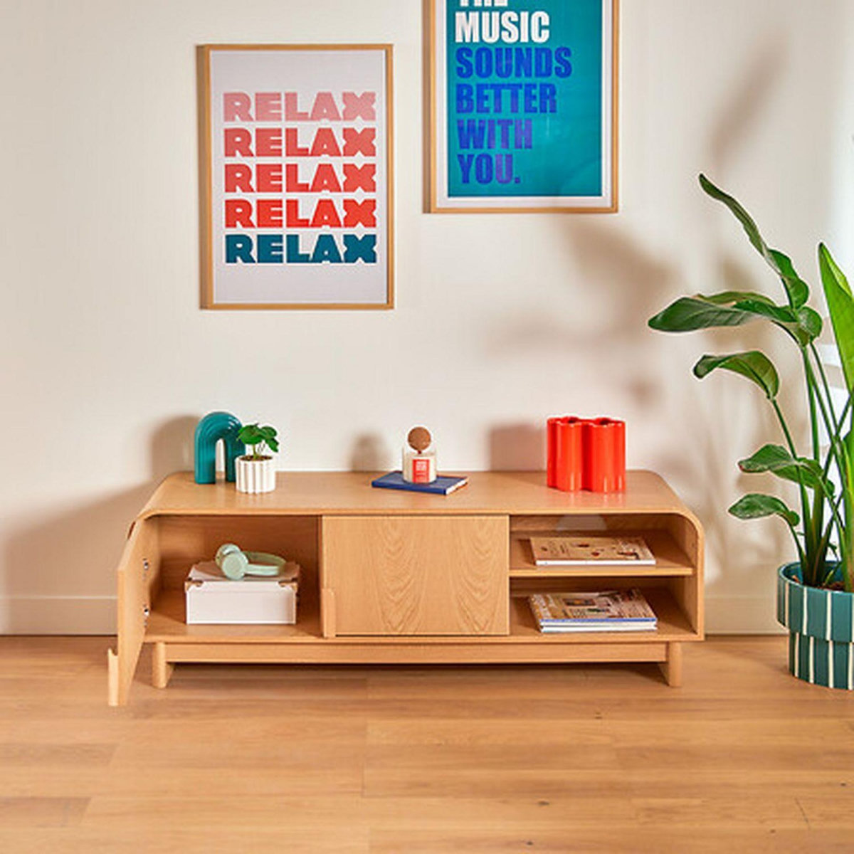 ATMOSPHERA Meuble TV 2 portes 1 étagère effet bouleau LEE - Beige